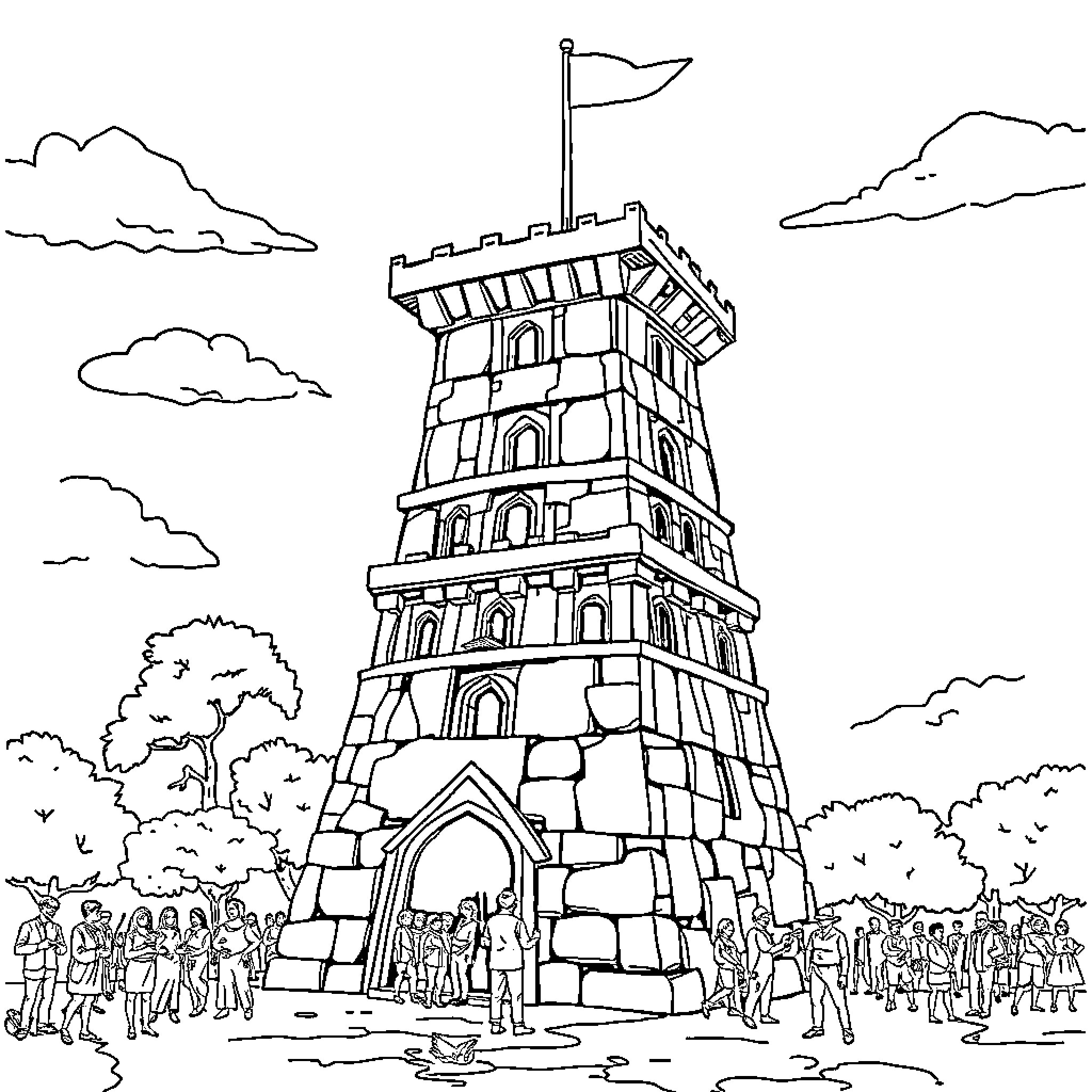 Tower of Babel: Diverse Figures Gathering at a Monumental Structure Coloring Page (free black-and-white line drawing printable PDF for all, from beginners to advanced learners, including children, teens, adults, and seniors)