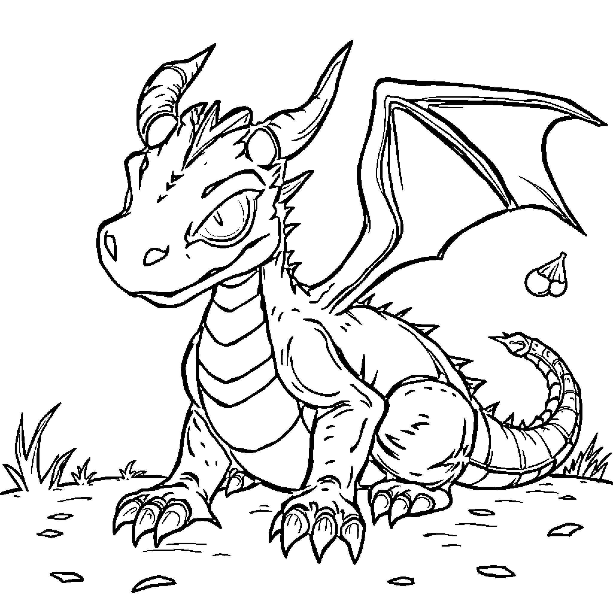 Dragon hatchling exploring the wilderness Coloring Page (free black-and-white line drawing printable PDF for all, from beginners to advanced learners, including children, teens, adults, and seniors)