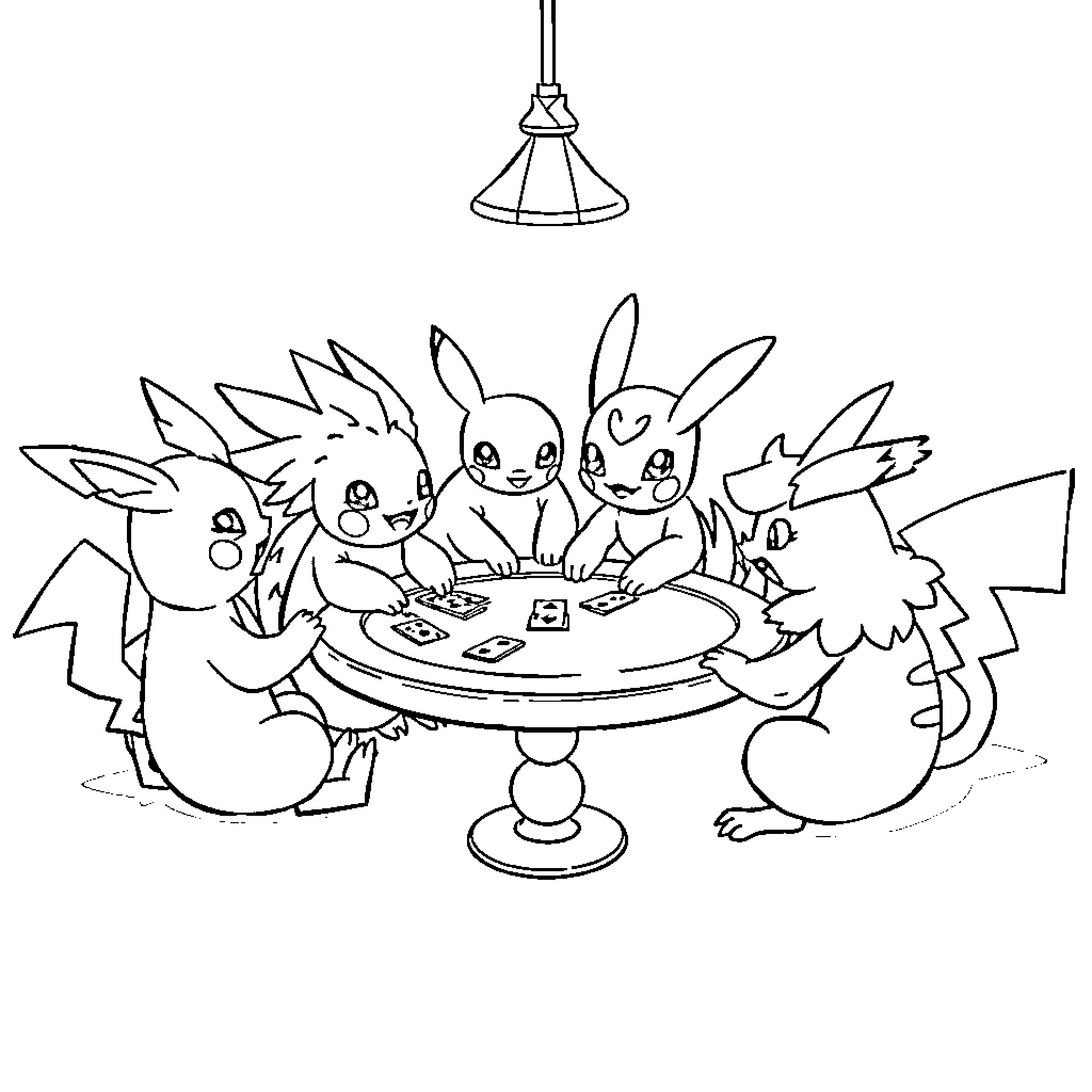 Pokémon characters enjoying a game together Coloring Page (free black-and-white line drawing printable PDF for all, from beginners to advanced learners, including children, teens, adults, and seniors)