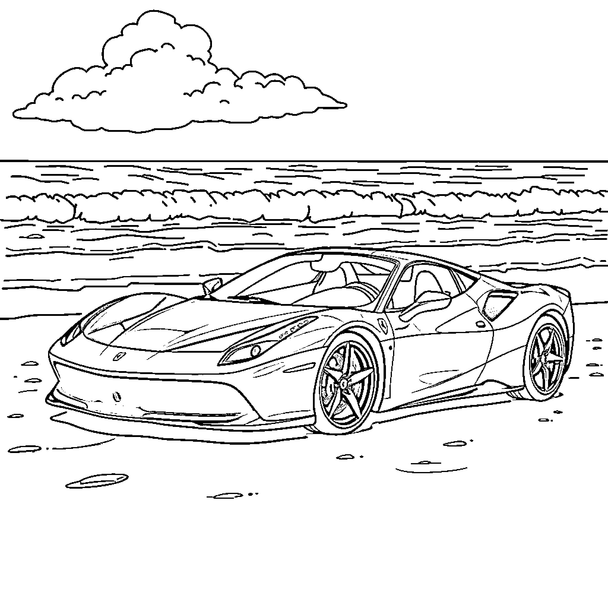 Ferrari sports car on the beach Coloring Page (free black-and-white line drawing printable PDF for all, from beginners to advanced learners, including children, teens, adults, and seniors)