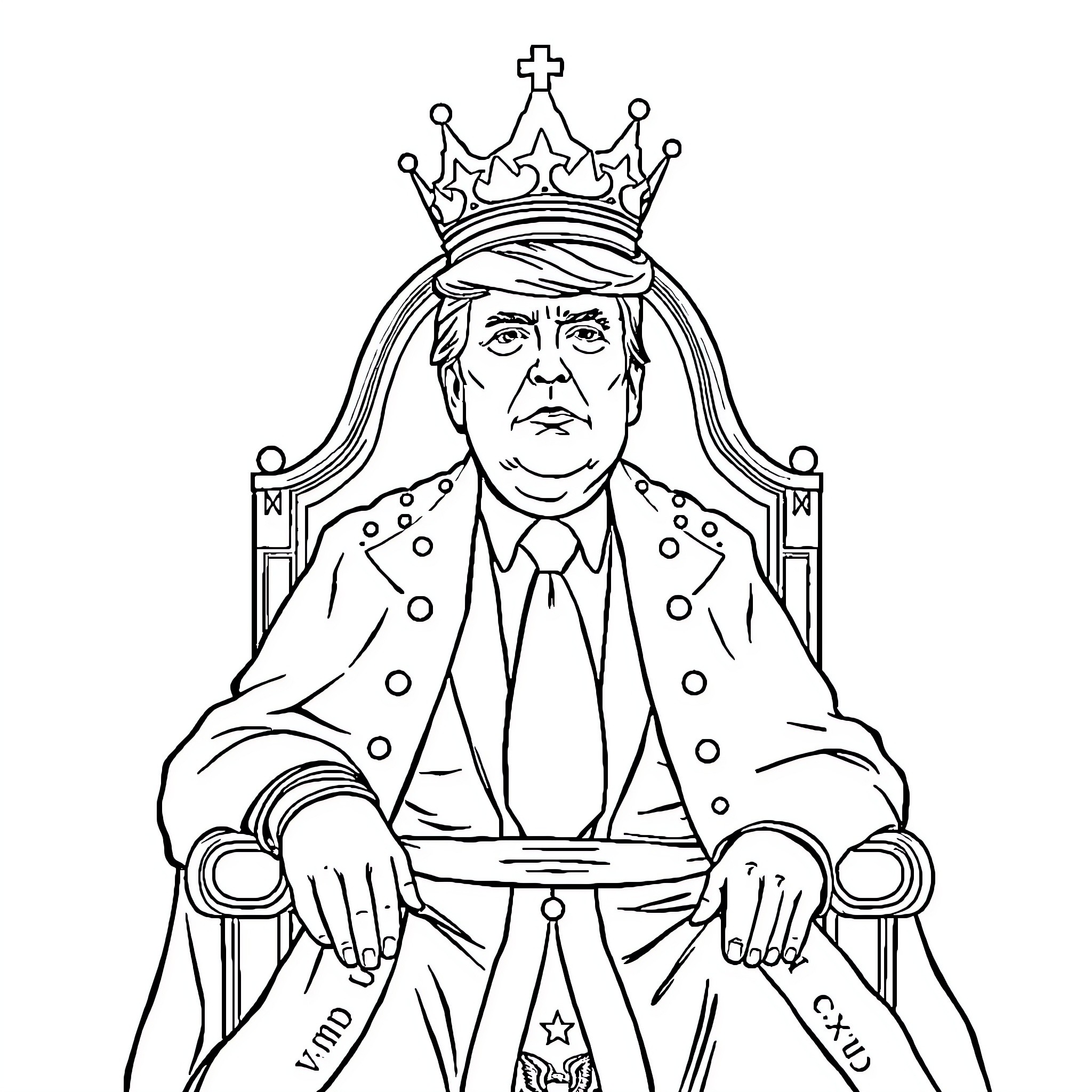 Donald Trump depicted as a king in a formal attire Coloring Page (free black-and-white line drawing printable PDF for all, from beginners to advanced learners, including children, teens, adults, and seniors)