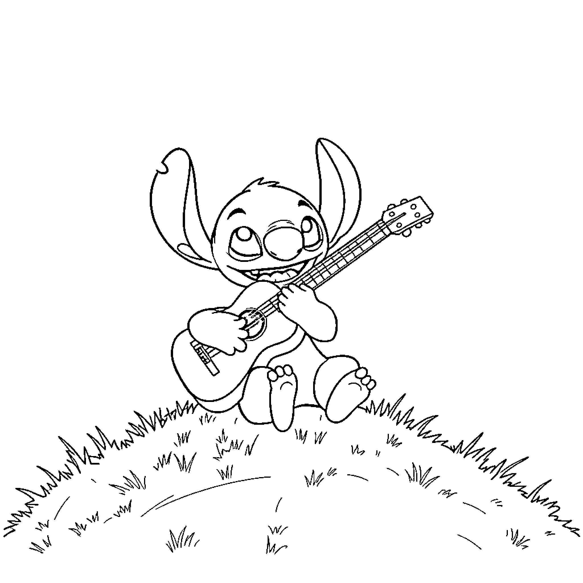 Stitch playing guitar in the meadow Coloring Page (free black-and-white line drawing printable PDF for all, from beginners to advanced learners, including children, teens, adults, and seniors)