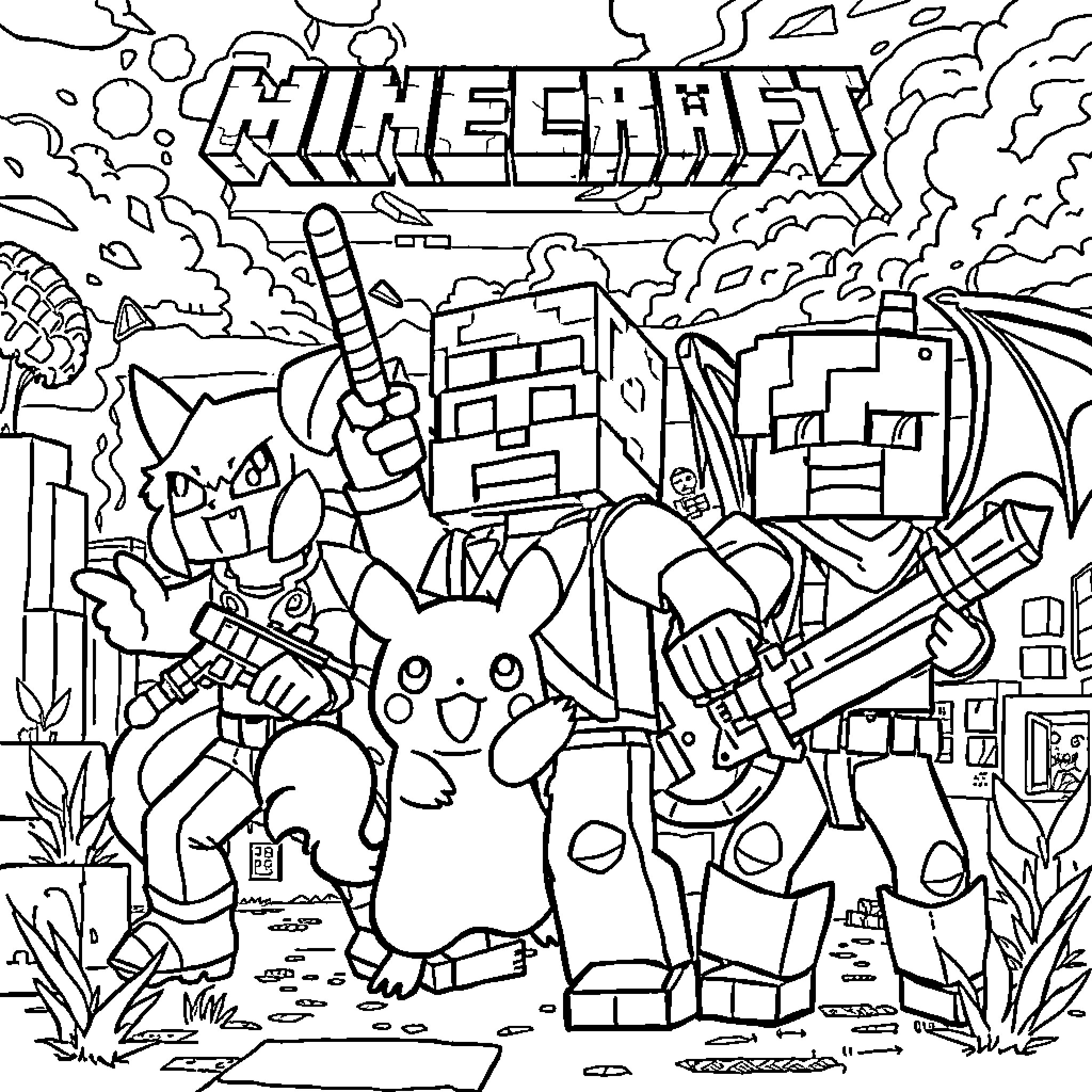 Demon Hunter Characters in the Minecraft World Coloring Page (free black-and-white line drawing printable PDF for all, from beginners to advanced learners, including children, teens, adults, and seniors)