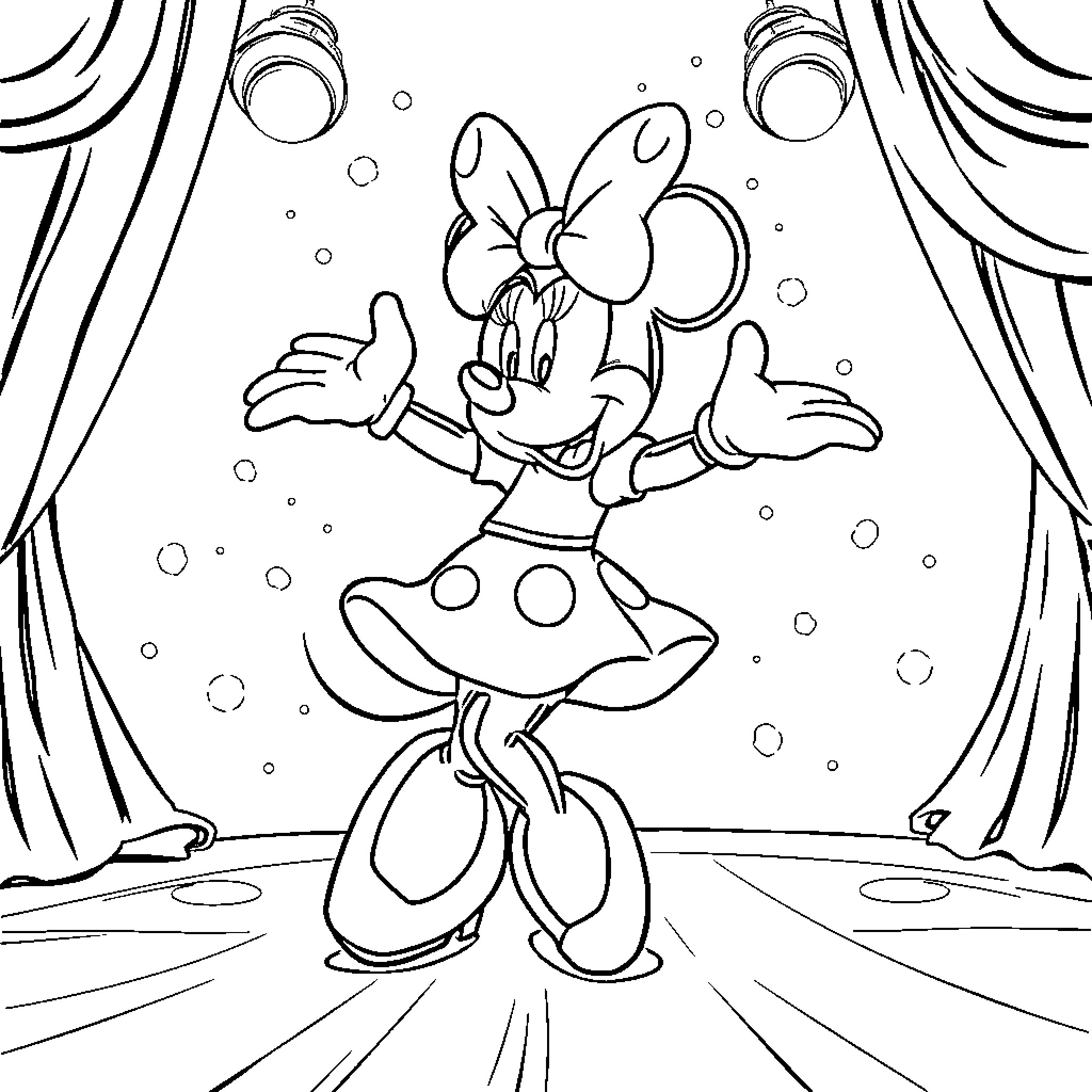 Minnie Mouse Dancing Happily on Stage Coloring Page (free black-and-white line drawing printable PDF for all, from beginners to advanced learners, including children, teens, adults, and seniors)