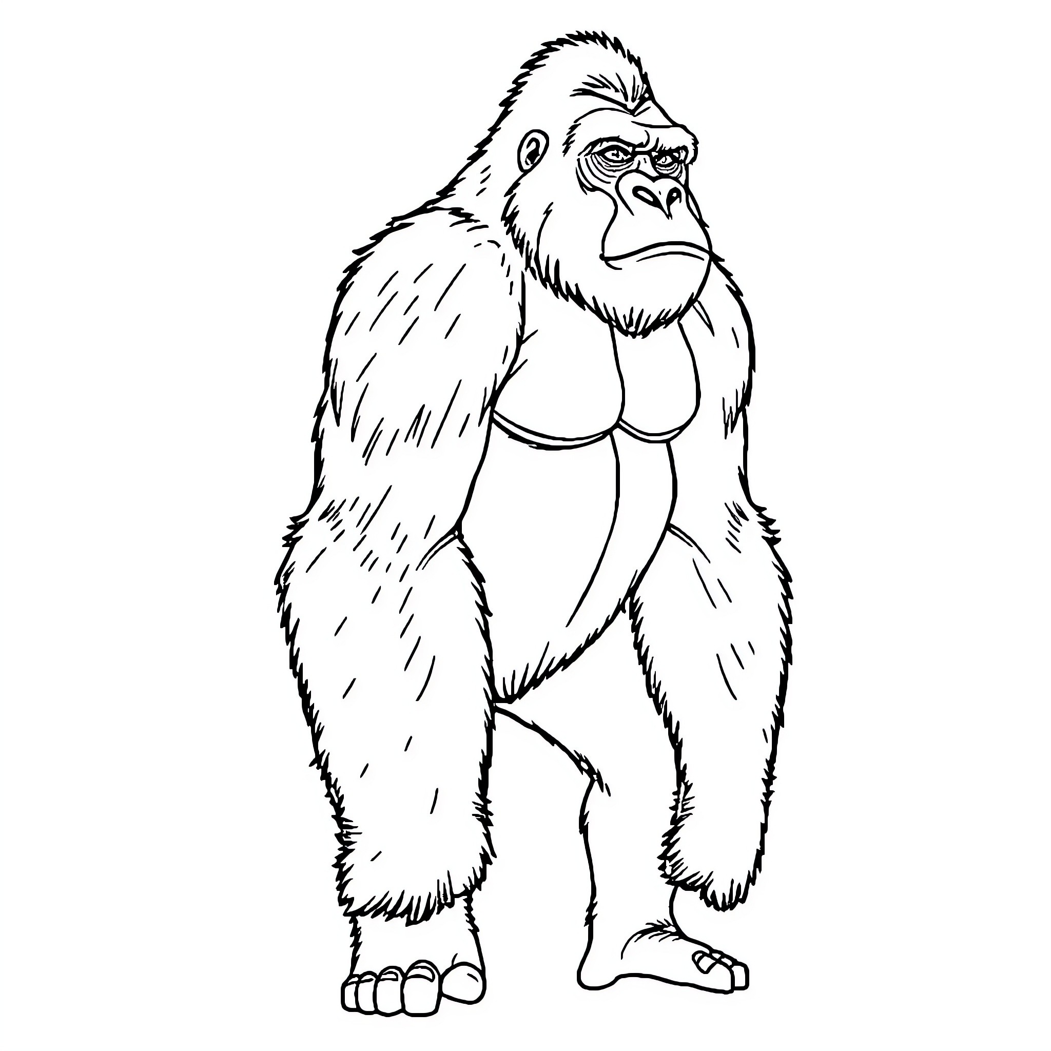 Gorilla standing tall and proud Coloring Page (free black-and-white line drawing printable PDF for all, from beginners to advanced learners, including children, teens, adults, and seniors)