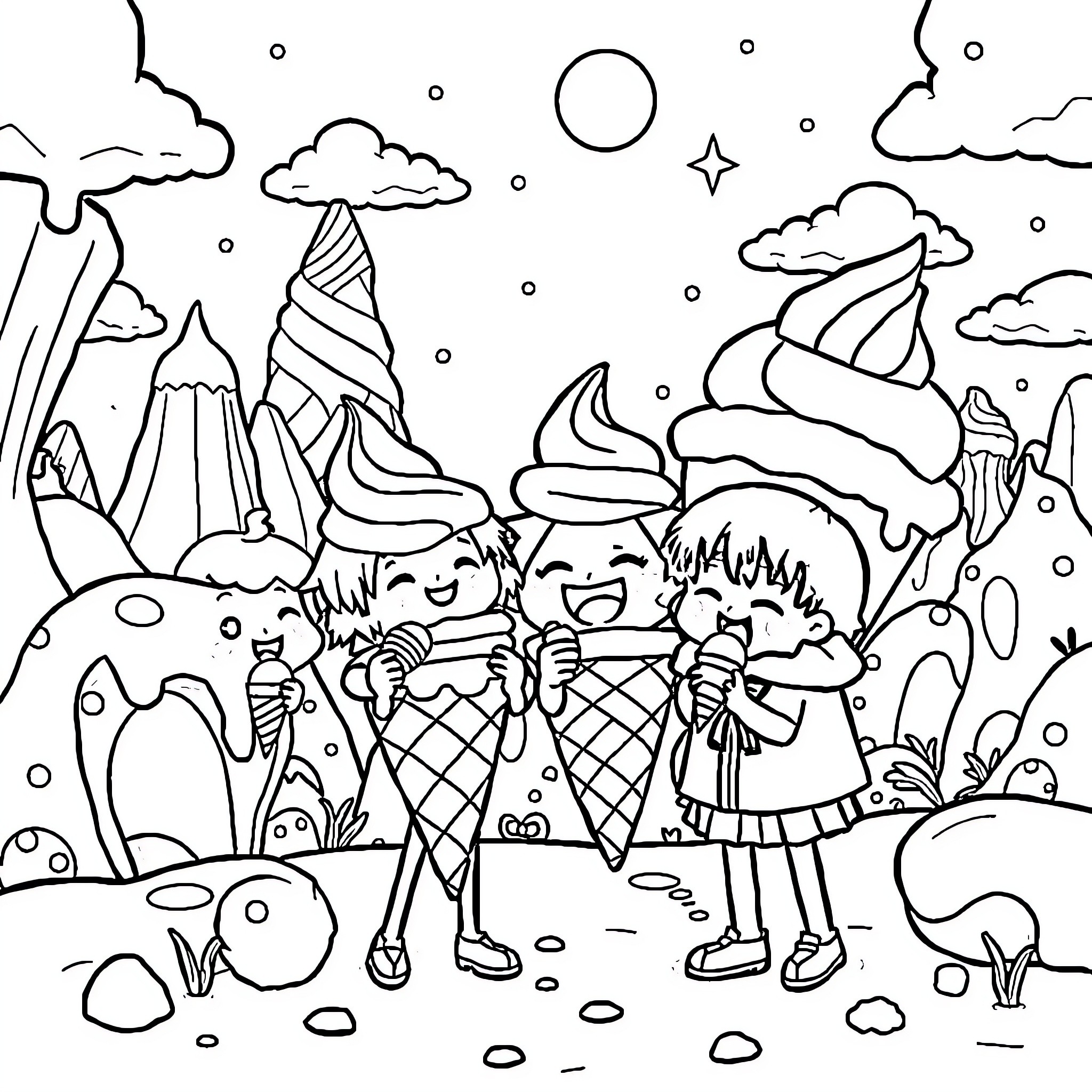 Jujitsu Kaisen - Characters exploring whimsical fantasy landscape Coloring Page (free black-and-white line drawing printable PDF for all, from beginners to advanced learners, including children, teens, adults, and seniors)