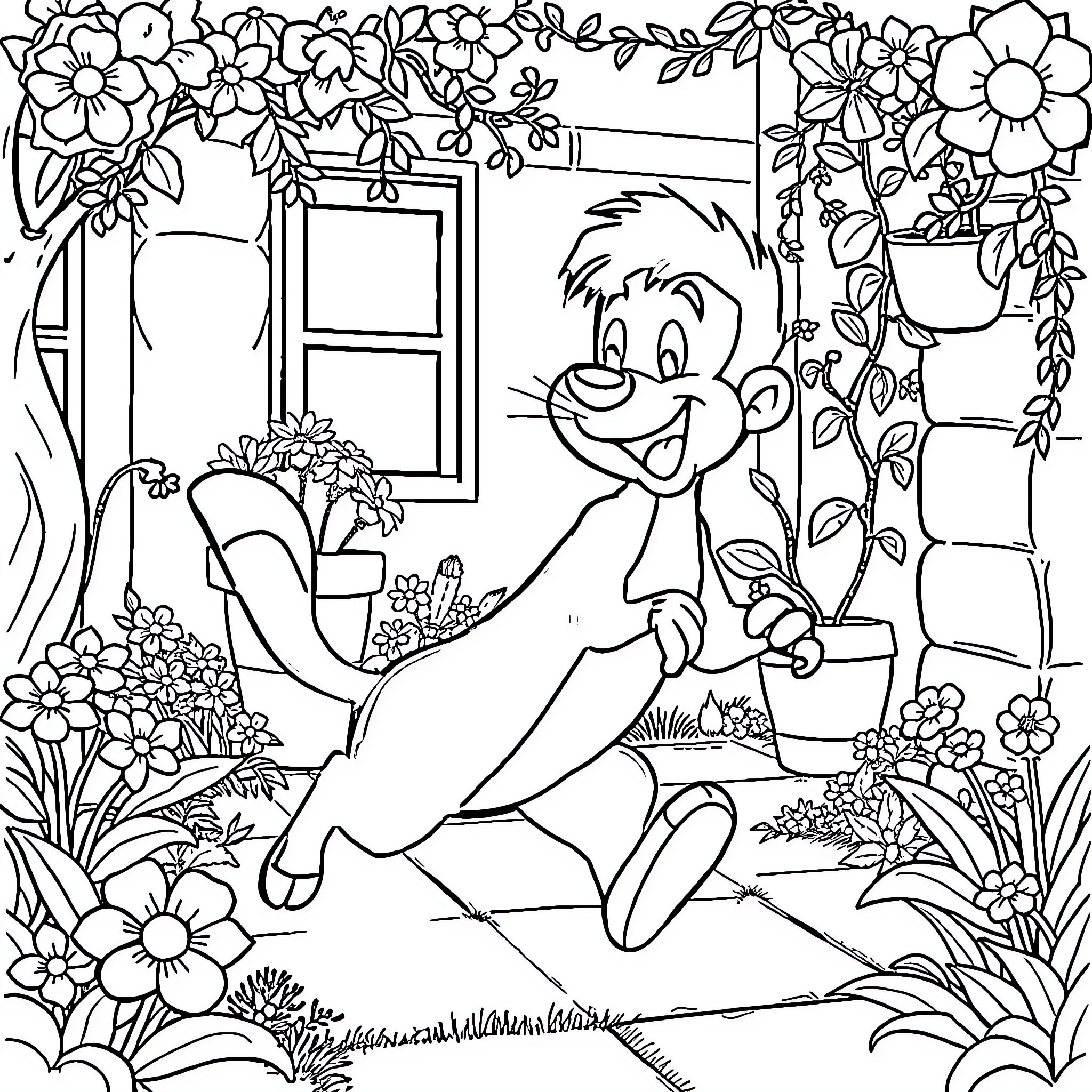 Abner's Joyful Gardening Adventure Coloring Page (free black-and-white line drawing printable PDF for all, from beginners to advanced learners, including children, teens, adults, and seniors)