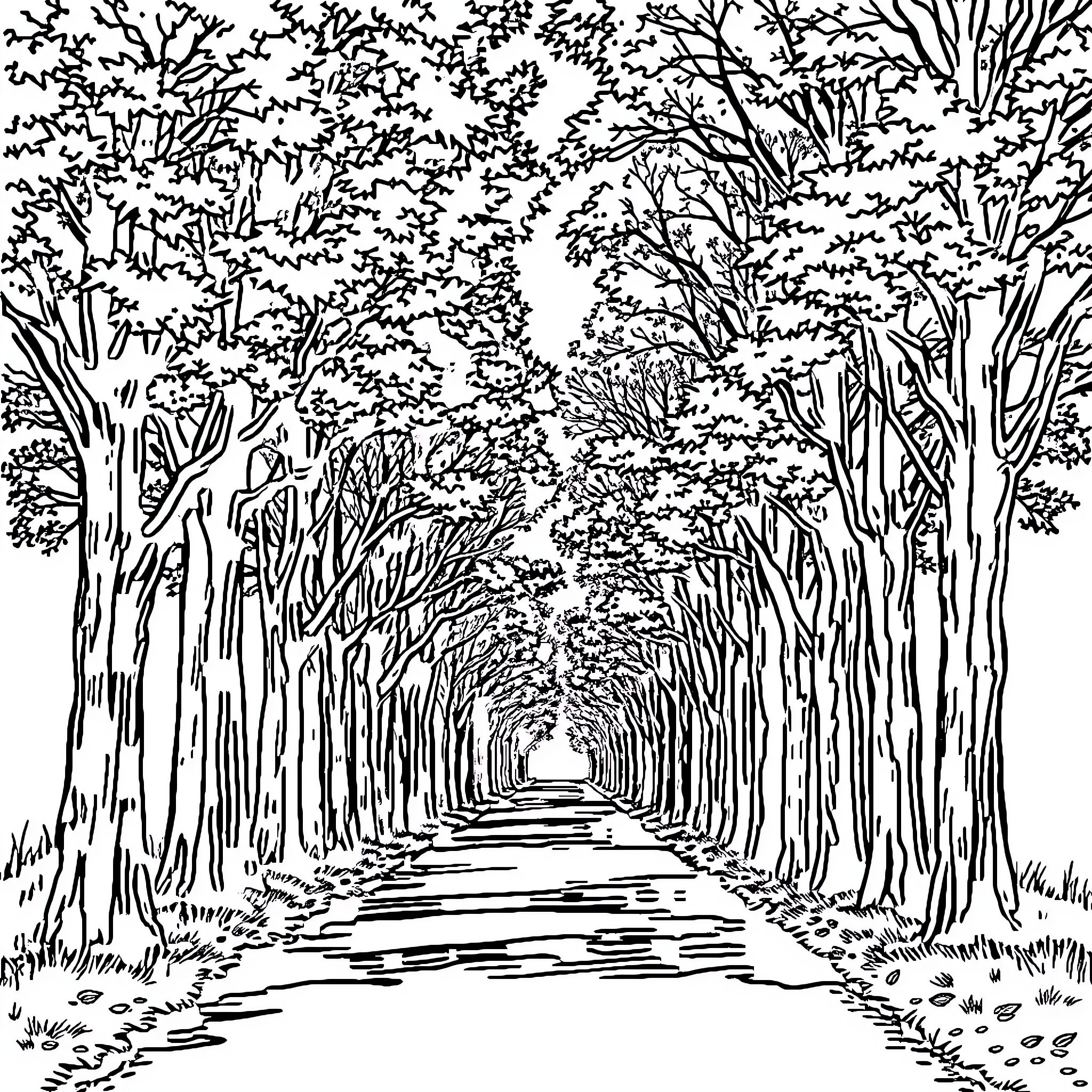 Mystery Pathway Through the Enchanted Forest Coloring Page (free black-and-white line drawing printable PDF for all, from beginners to advanced learners, including children, teens, adults, and seniors)