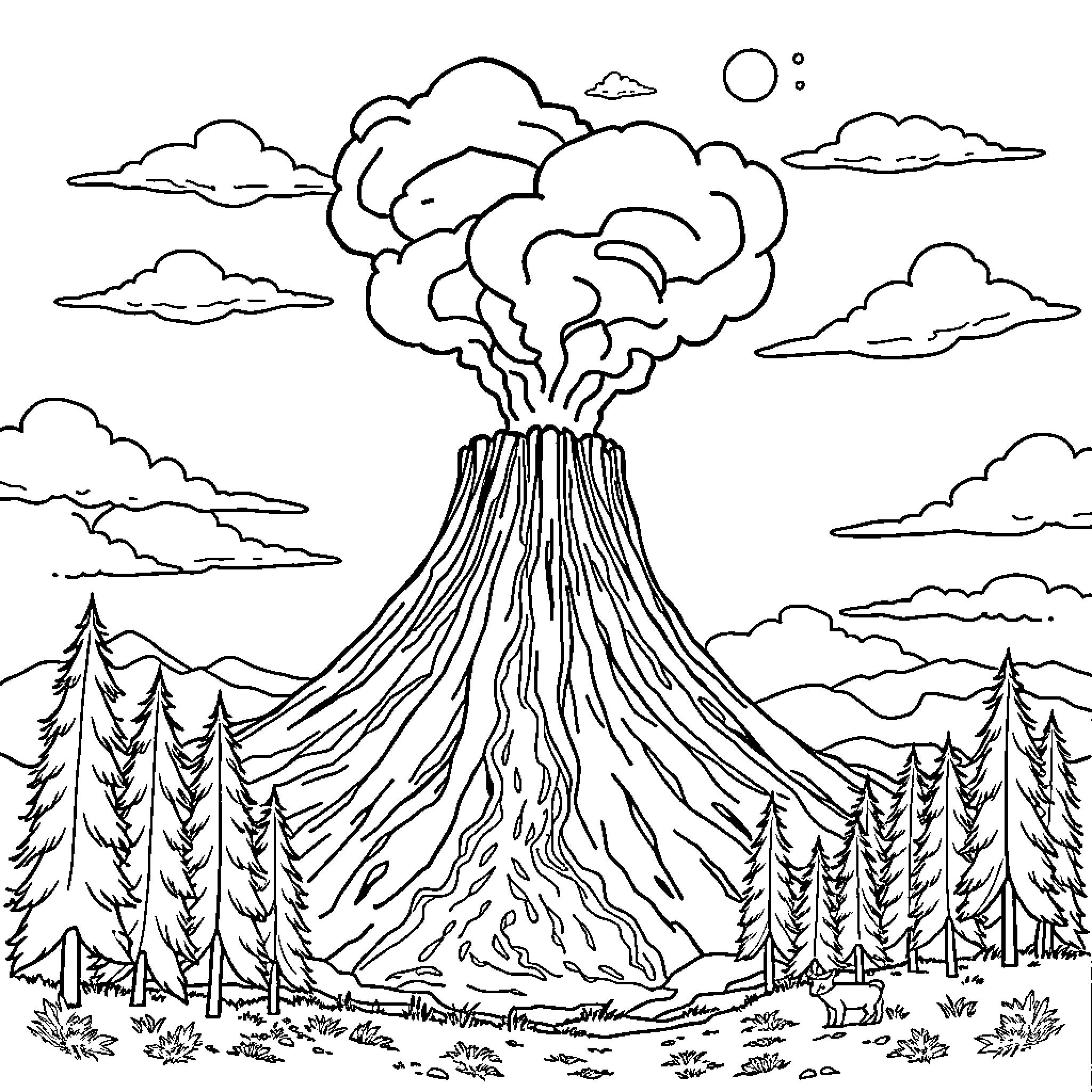 Volcano erupting amidst scenic landscape Coloring Page (free black-and-white line drawing printable PDF for all, from beginners to advanced learners, including children, teens, adults, and seniors)