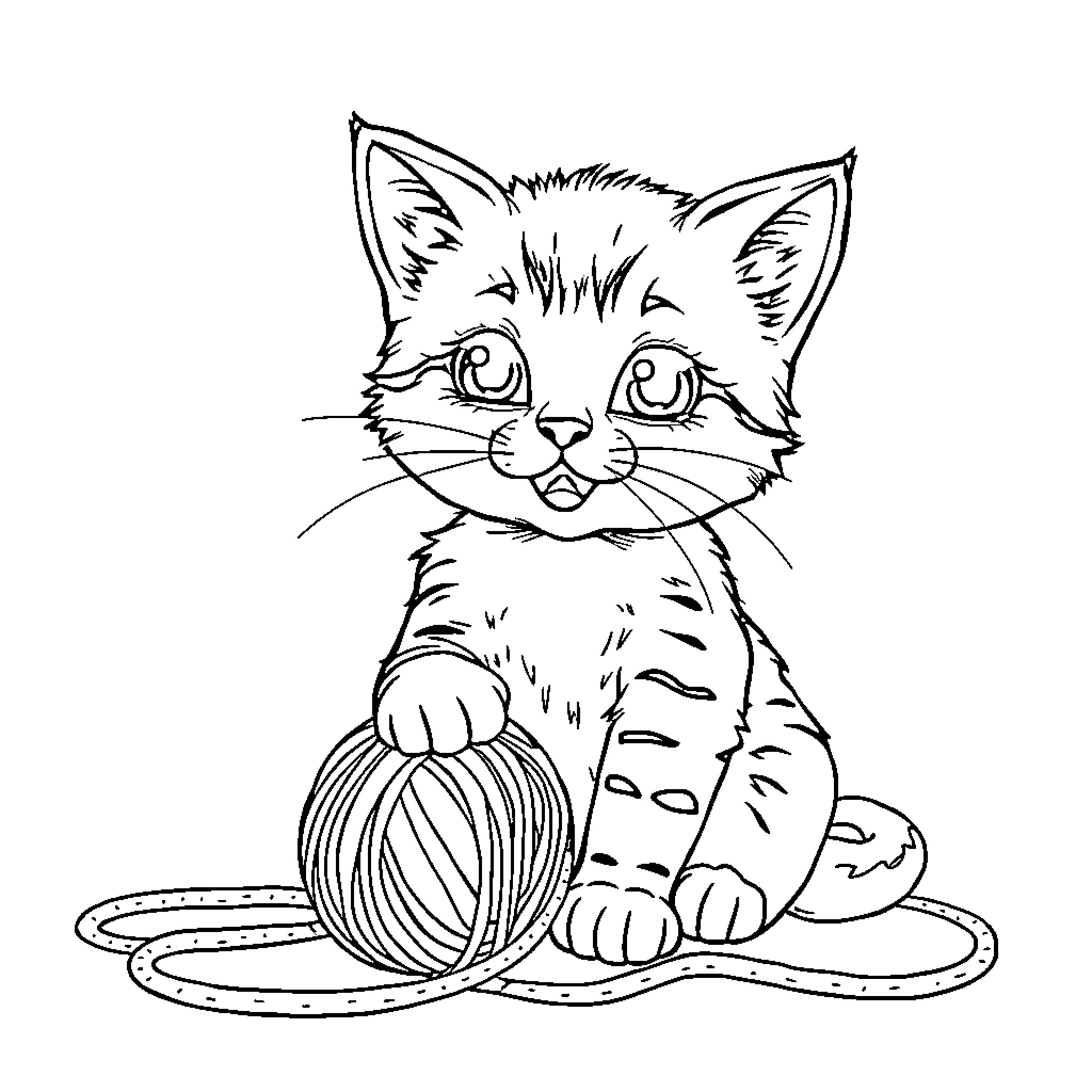 Cat playing with a ball of yarn Coloring Page (free black-and-white line drawing printable PDF for all, from beginners to advanced learners, including children, teens, adults, and seniors)