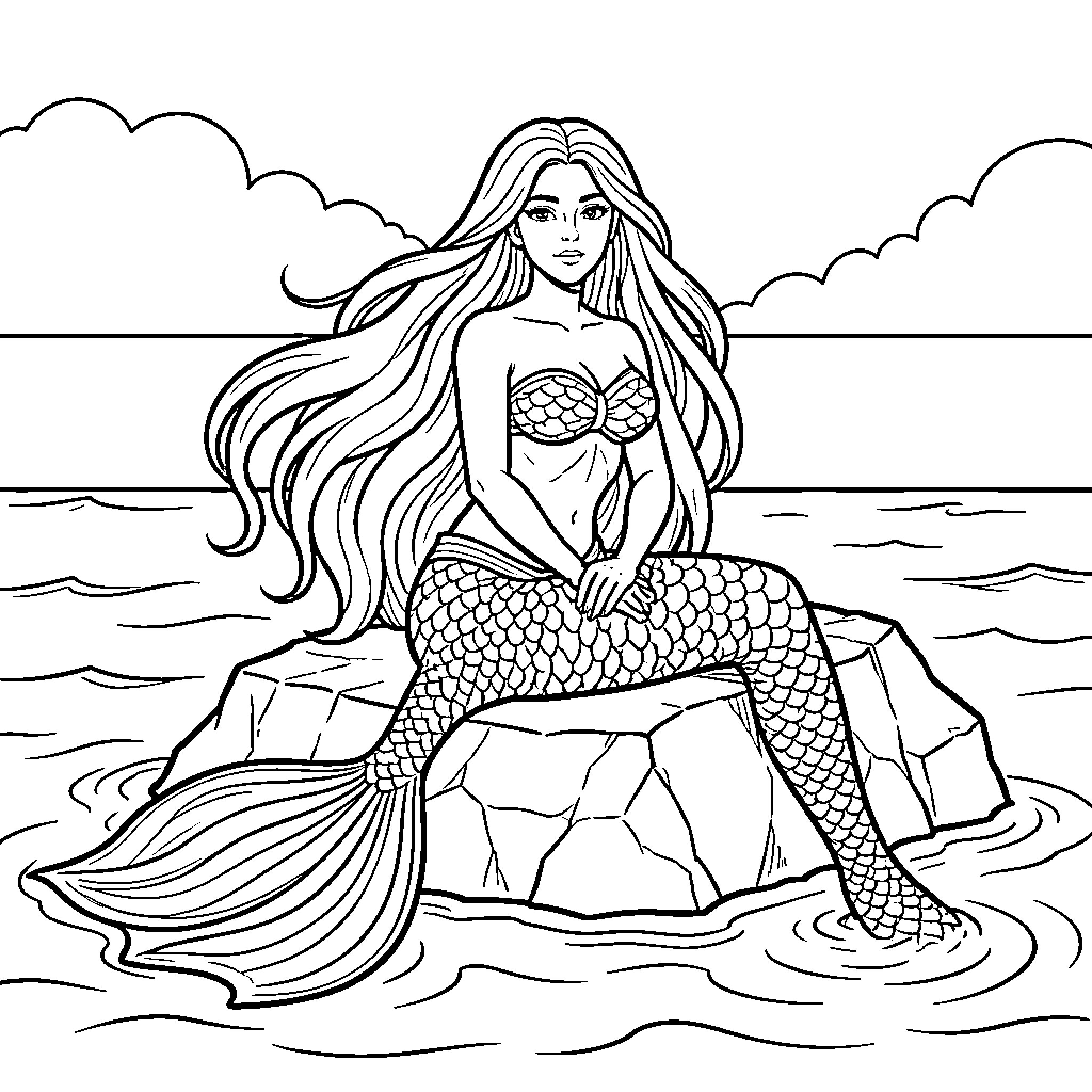 Mermaid sitting gracefully on a rock in the ocean Coloring Page (free black-and-white line drawing printable PDF for all, from beginners to advanced learners, including children, teens, adults, and seniors)