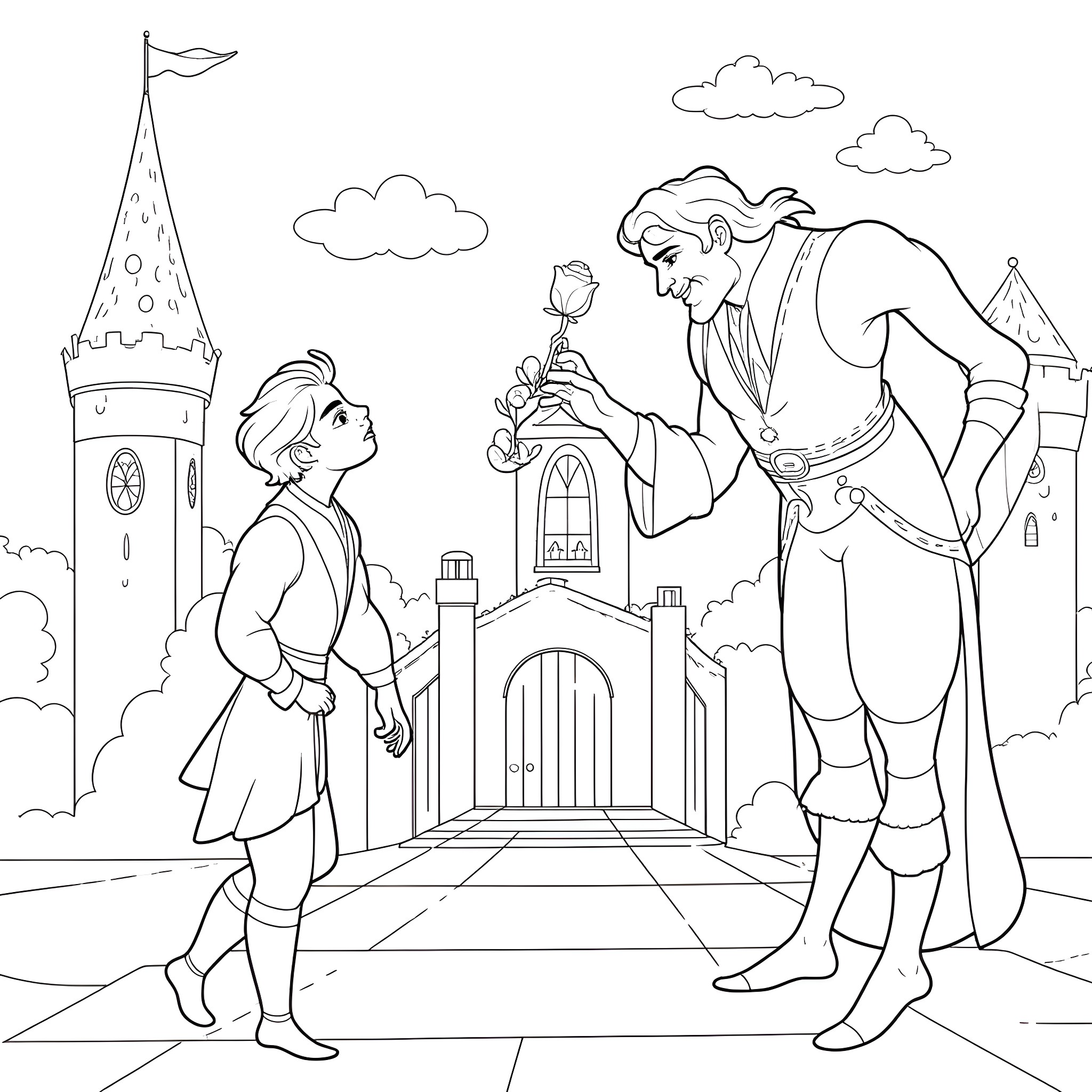 Rumplestiltskin sharing a rose with a young man in front of a castle Coloring Page (free black-and-white line drawing printable PDF for all, from beginners to advanced learners, including children, teens, adults, and seniors)