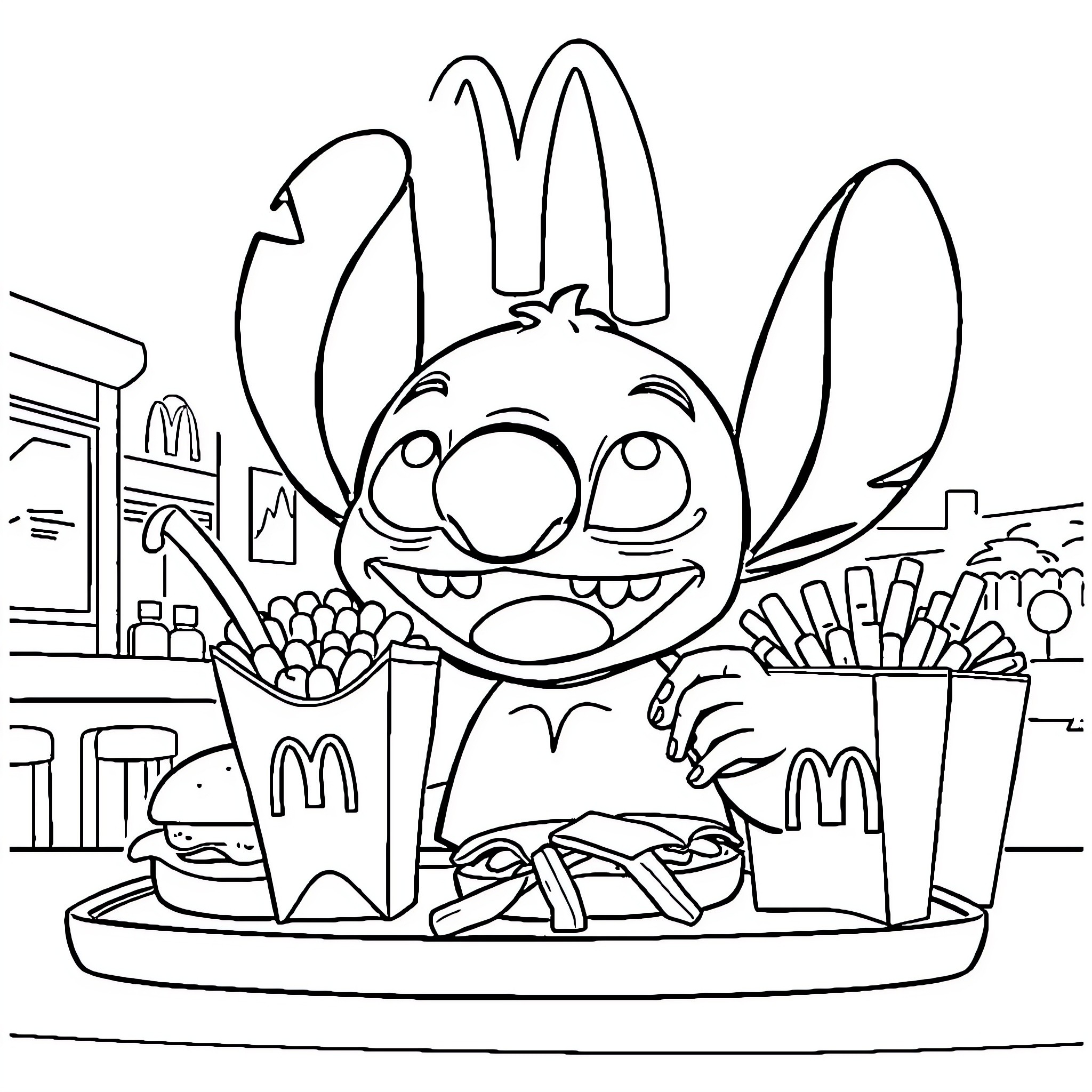 Stitch enjoying a fast food meal Coloring Page (free black-and-white line drawing printable PDF for all, from beginners to advanced learners, including children, teens, adults, and seniors)
