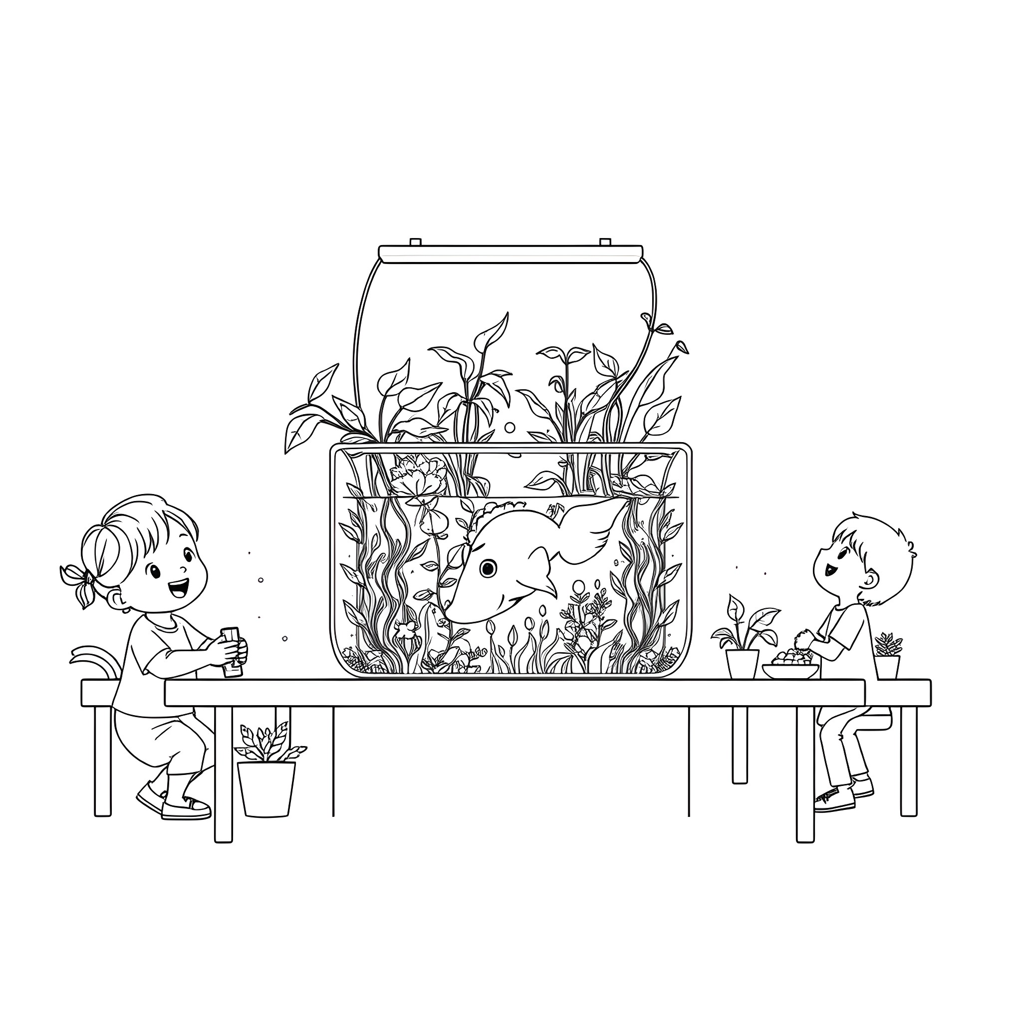 Aquaponics - Children exploring fish and plants in an aquarium Coloring Page (free black-and-white line drawing printable PDF for all, from beginners to advanced learners, including children, teens, adults, and seniors)