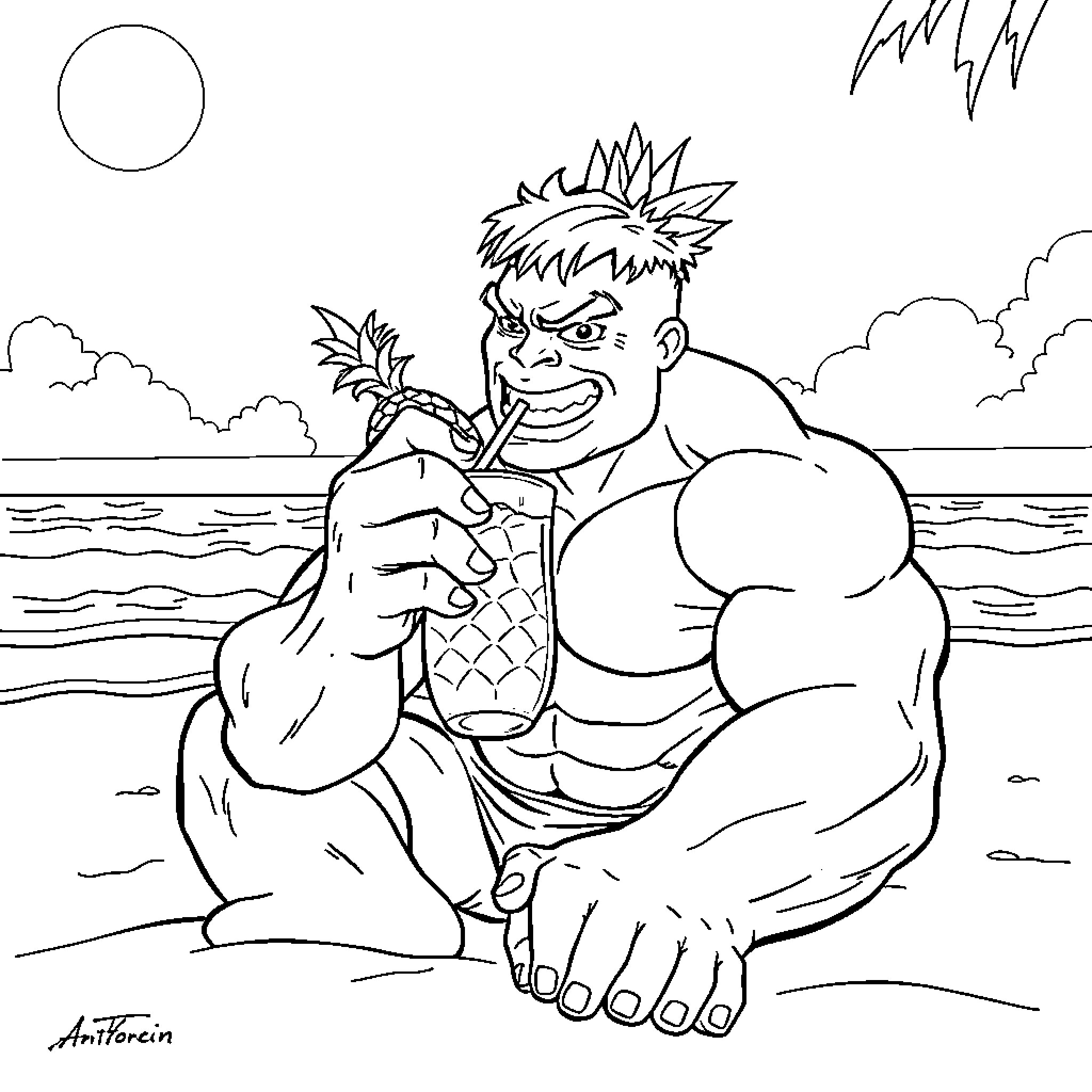 Hulk relaxing on the beach Coloring Page (free black-and-white line drawing printable PDF for all, from beginners to advanced learners, including children, teens, adults, and seniors)