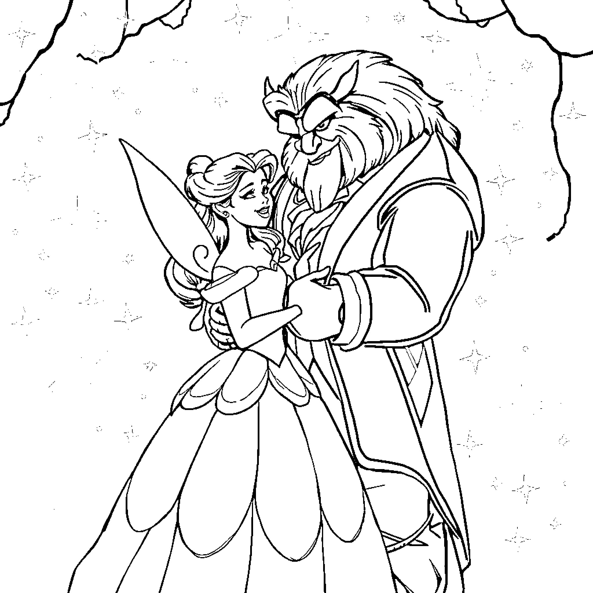 Belle's Enchanting Dance with the Beast Coloring Page (free black-and-white line drawing printable PDF for all, from beginners to advanced learners, including children, teens, adults, and seniors)