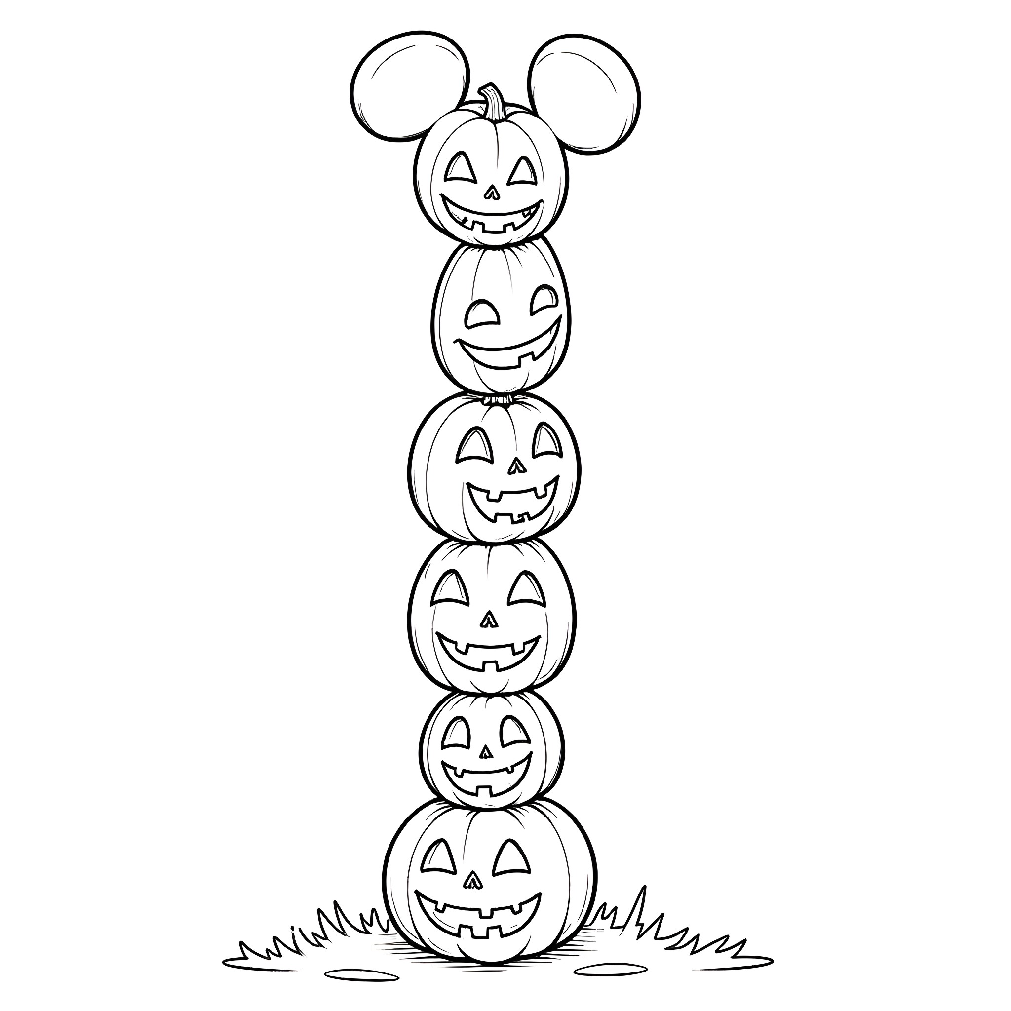 Mickey Mouse pumpkin stack for Halloween Coloring Page (free black-and-white line drawing printable PDF for all, from beginners to advanced learners, including children, teens, adults, and seniors)