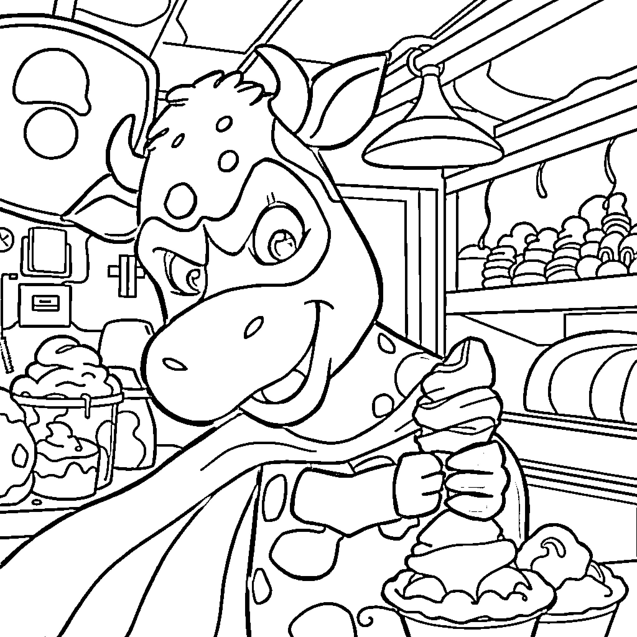 Batman in a Whimsical Diner Setting Coloring Page (free black-and-white line drawing printable PDF for all, from beginners to advanced learners, including children, teens, adults, and seniors)