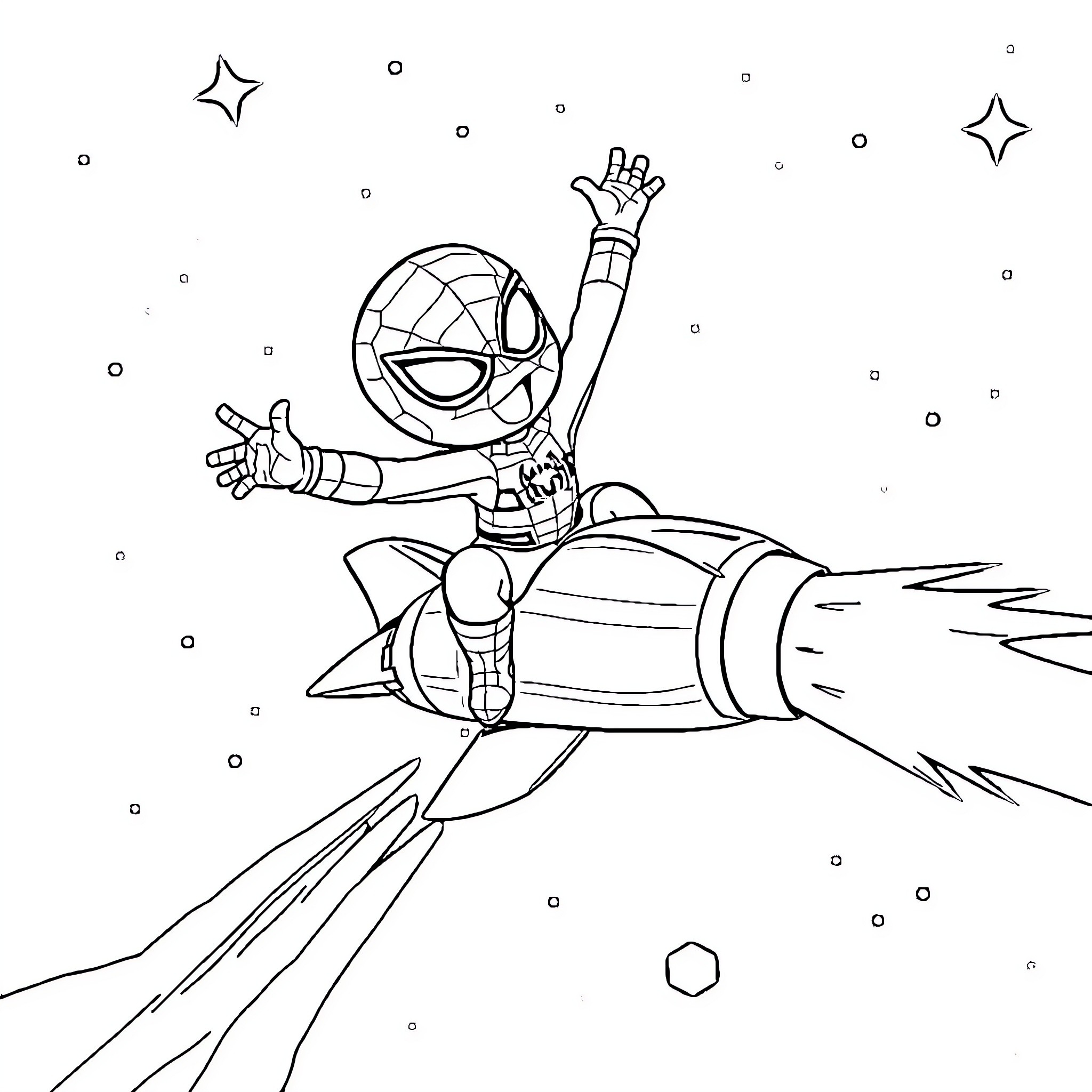 Spider-Man riding a rocket through the stars Coloring Page (free black-and-white line drawing printable PDF for all, from beginners to advanced learners, including children, teens, adults, and seniors)