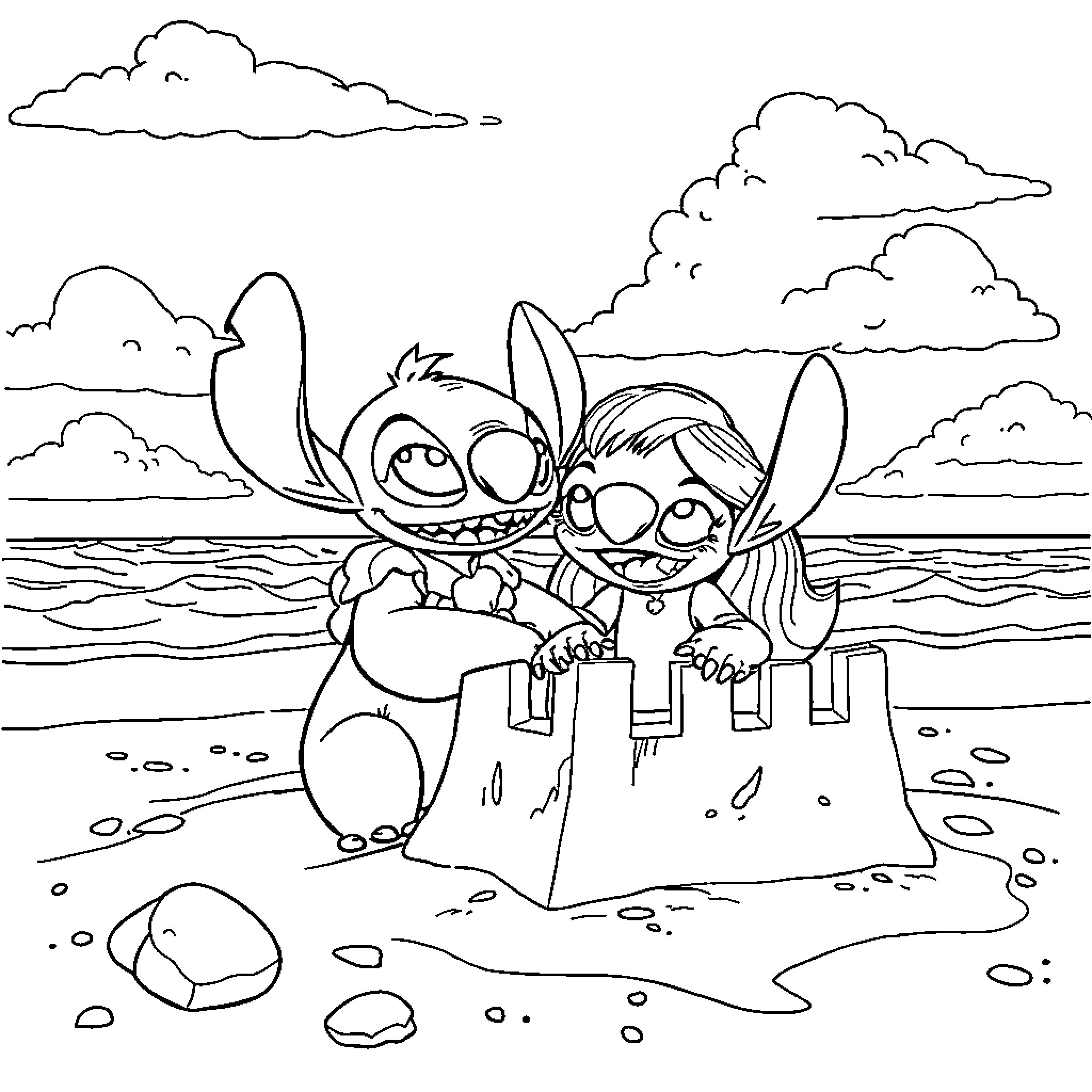 Stitch and Lilo Playing on the Beach Coloring Page (free black-and-white line drawing printable PDF for all, from beginners to advanced learners, including children, teens, adults, and seniors)