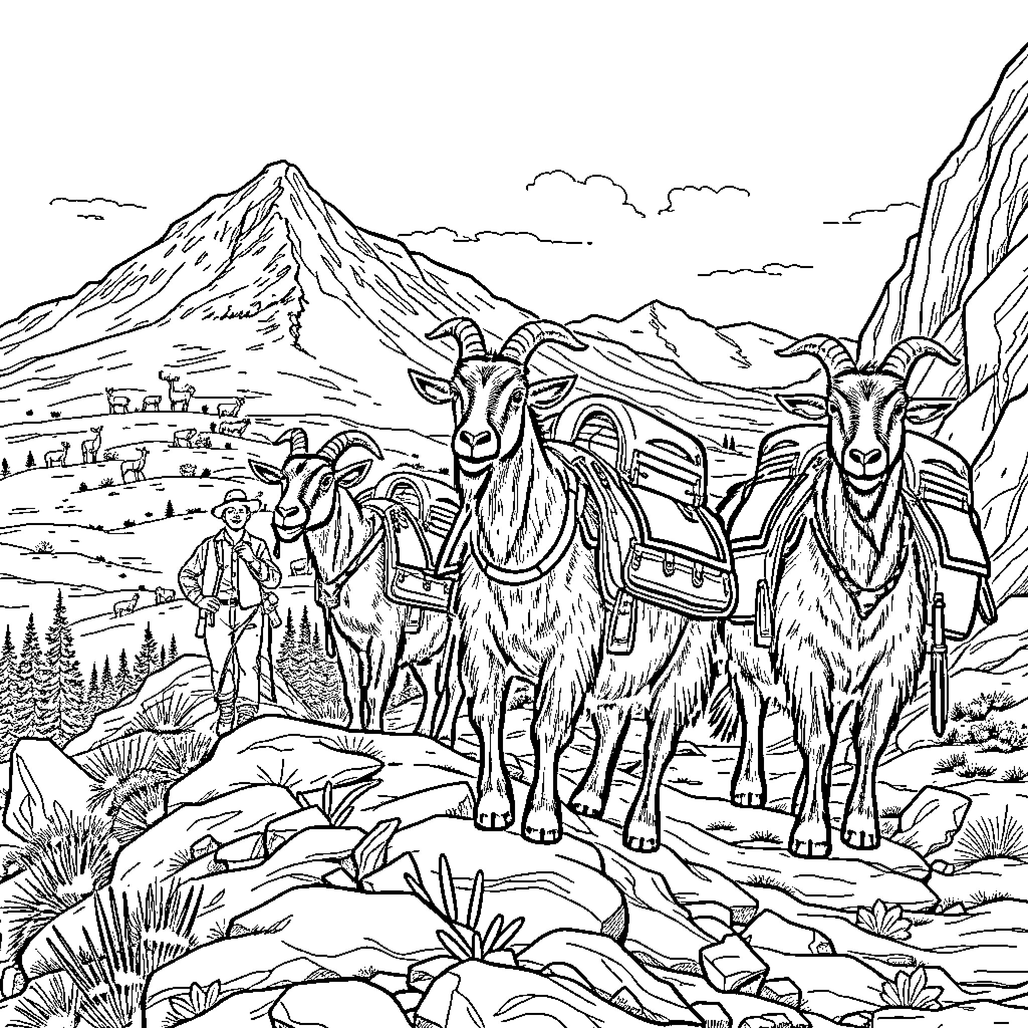 Goats trekking through the mountainous landscape Coloring Page (free black-and-white line drawing printable PDF for all, from beginners to advanced learners, including children, teens, adults, and seniors)