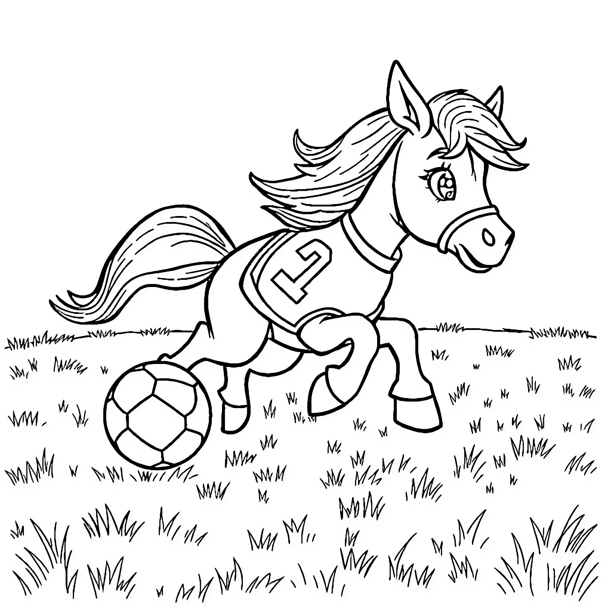 Pony playing soccer on grassy field Coloring Page (free black-and-white line drawing printable PDF for all, from beginners to advanced learners, including children, teens, adults, and seniors)