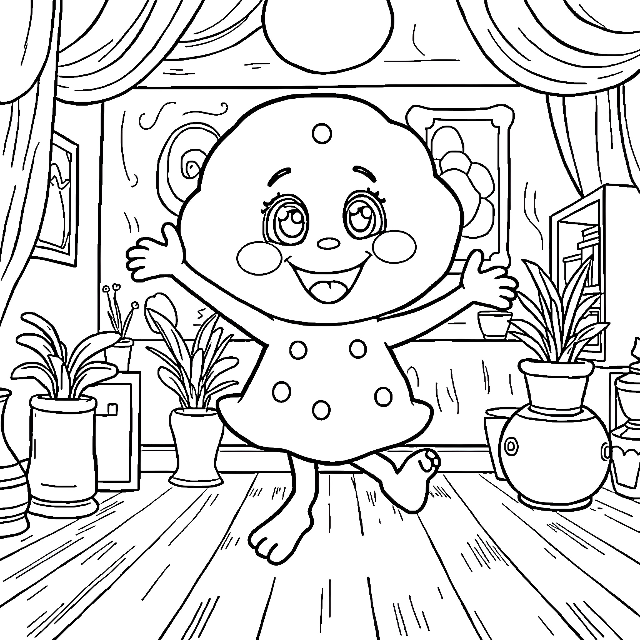 Labubu's Happy Dance in a Cozy Room Coloring Page (free black-and-white line drawing printable PDF for all, from beginners to advanced learners, including children, teens, adults, and seniors)