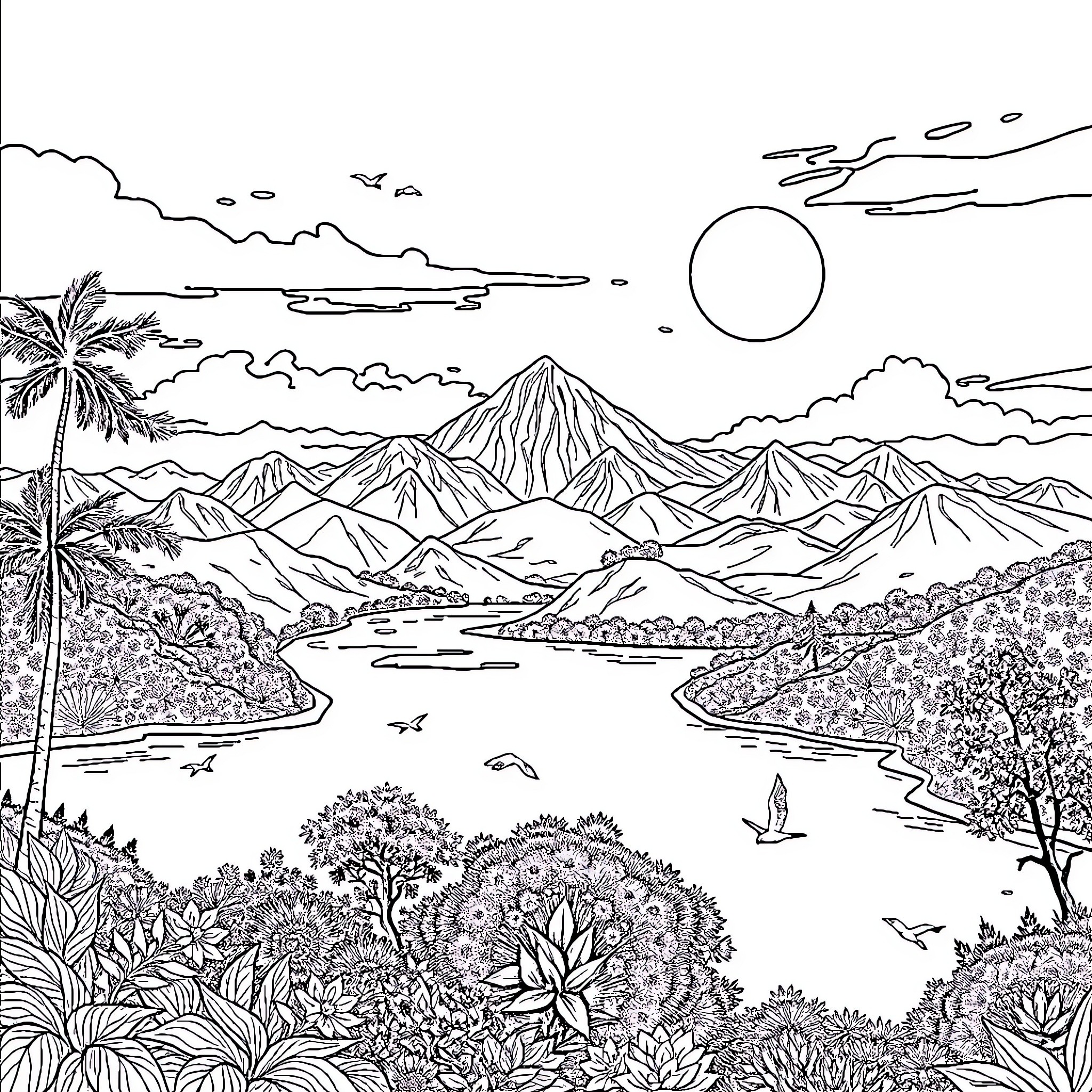 Nature's Tranquil Landscape Unfolds Coloring Page (free black-and-white line drawing printable PDF for all, from beginners to advanced learners, including children, teens, adults, and seniors)