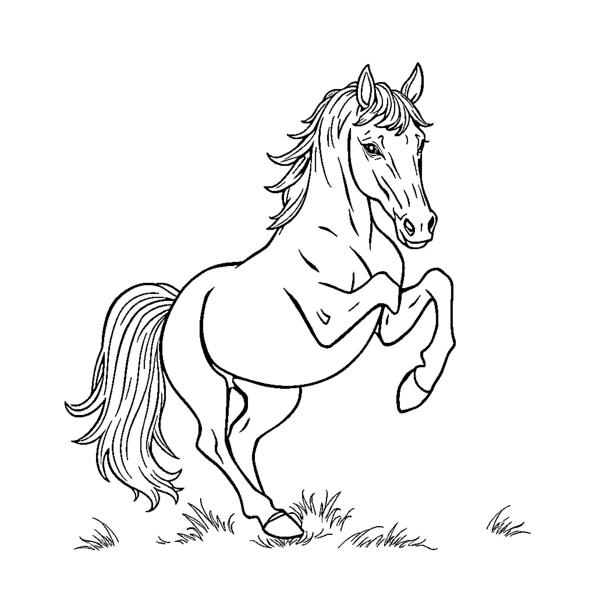 Horse rearing up in field Coloring Page (free black-and-white line drawing printable PDF for all, from beginners to advanced learners, including children, teens, adults, and seniors)