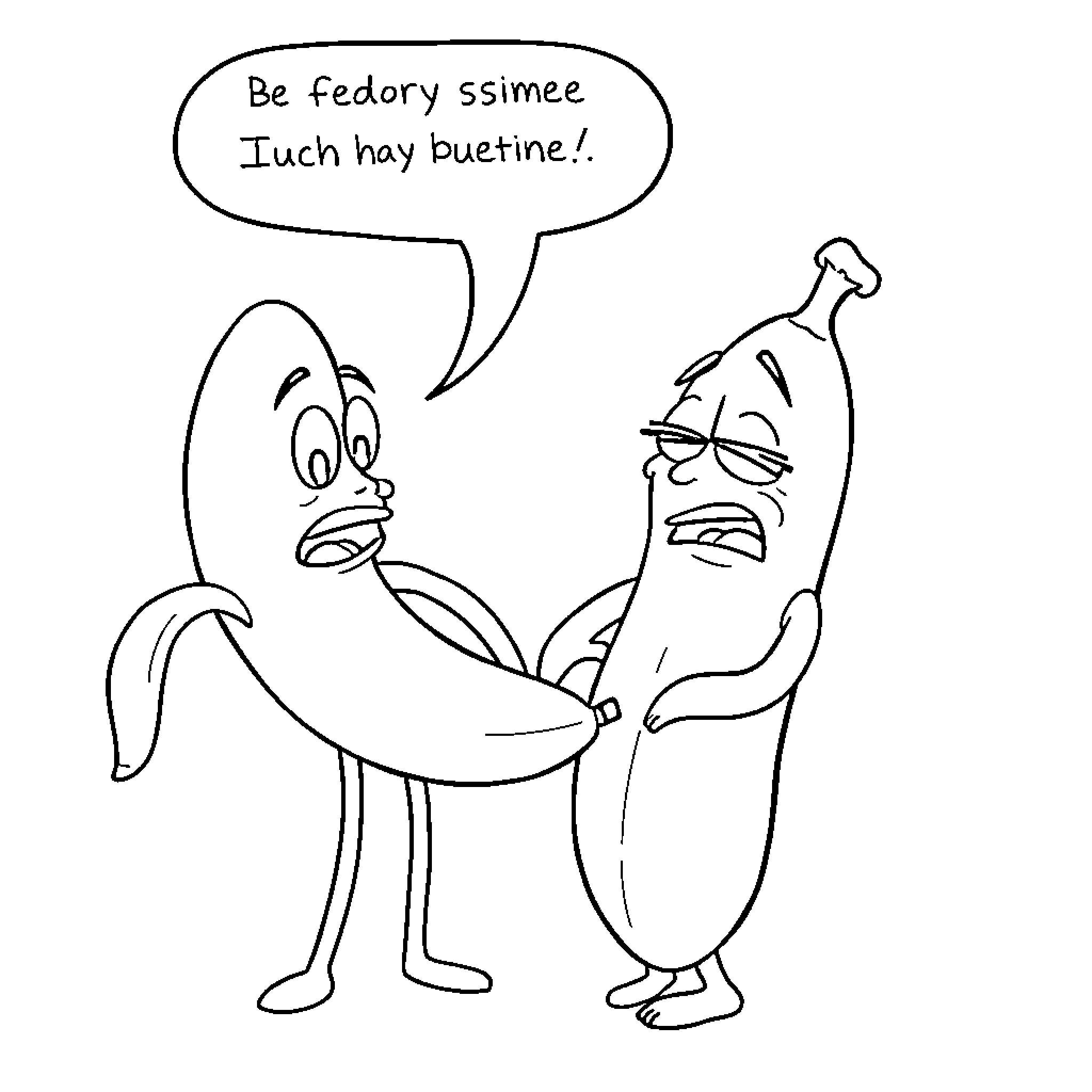Banana characters expressing concerns Coloring Page (free black-and-white line drawing printable PDF for all, from beginners to advanced learners, including children, teens, adults, and seniors)