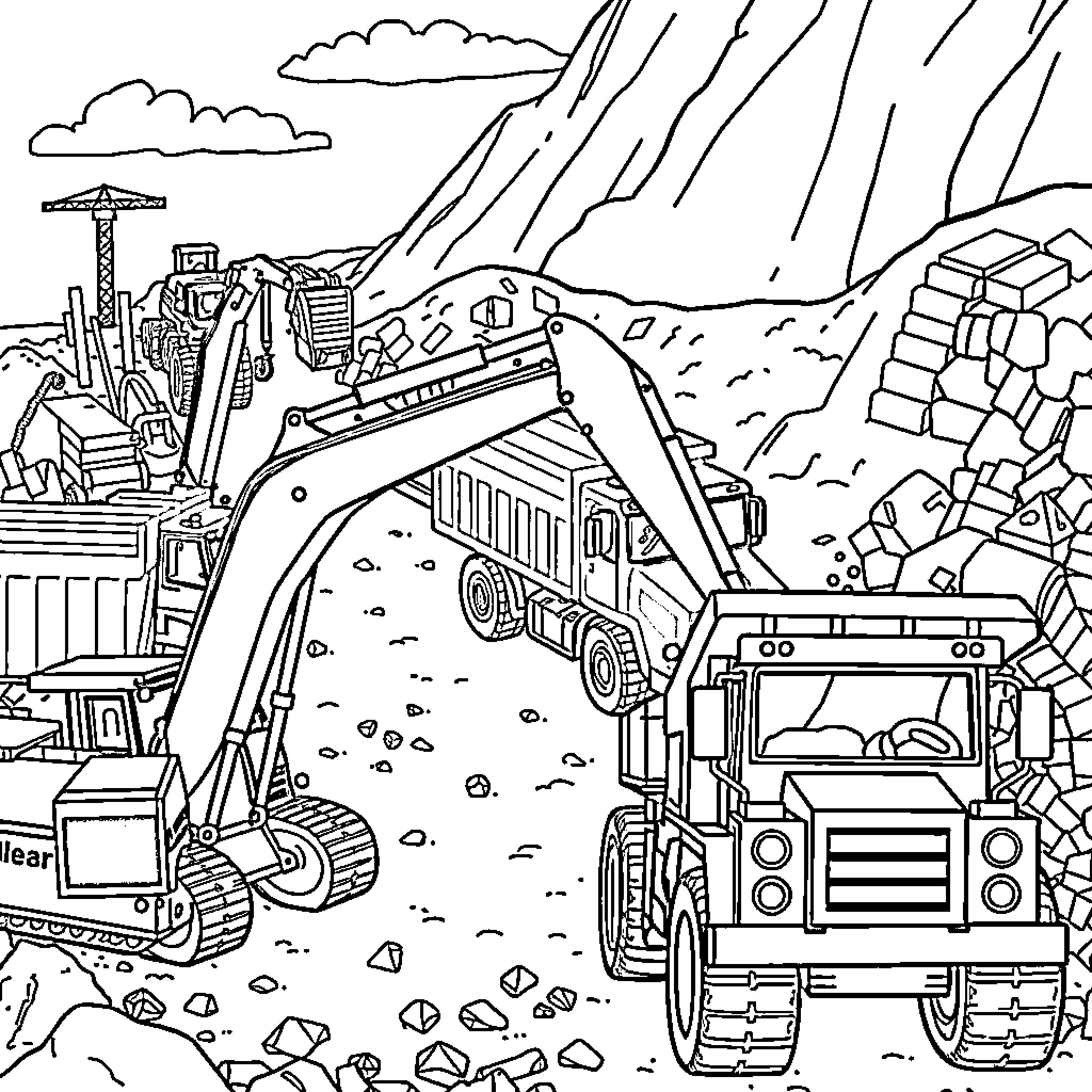 Construction Site with Heavy Machinery at Work Coloring Page (free black-and-white line drawing printable PDF for all, from beginners to advanced learners, including children, teens, adults, and seniors)
