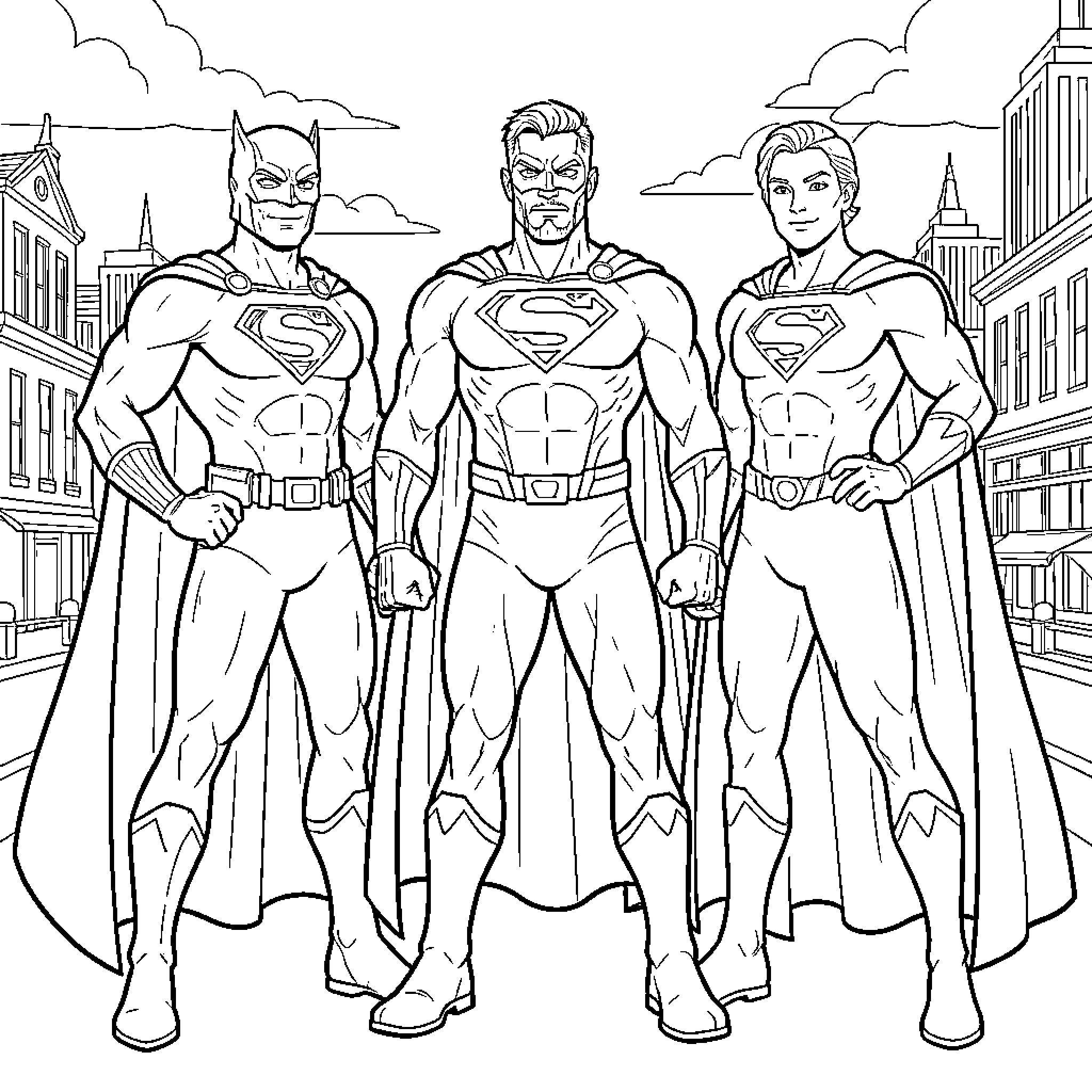 Superhero trio standing heroically in a city setting Coloring Page (free black-and-white line drawing printable PDF for all, from beginners to advanced learners, including children, teens, adults, and seniors)