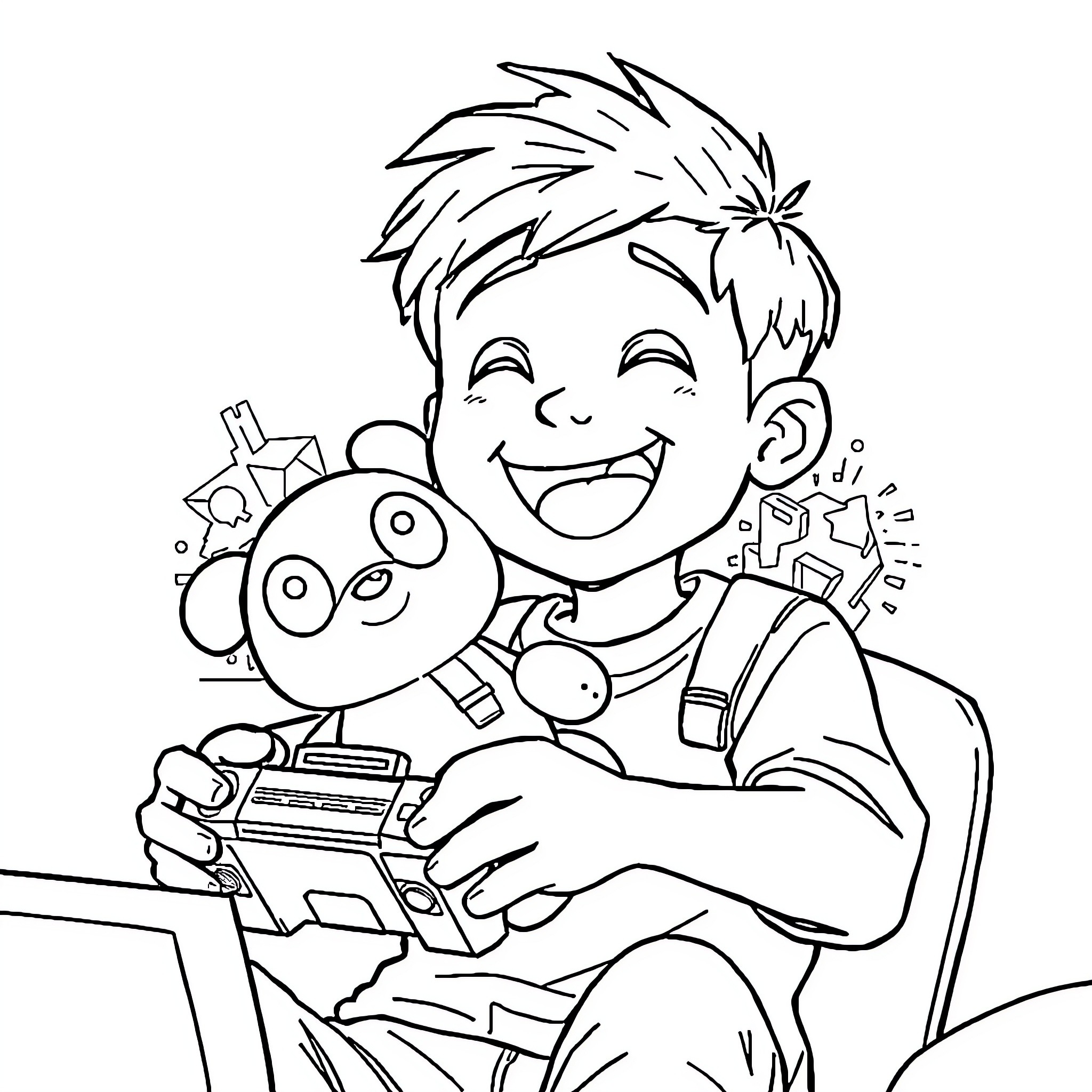 Boy joyfully playing video game with cute character Coloring Page (free black-and-white line drawing printable PDF for all, from beginners to advanced learners, including children, teens, adults, and seniors)