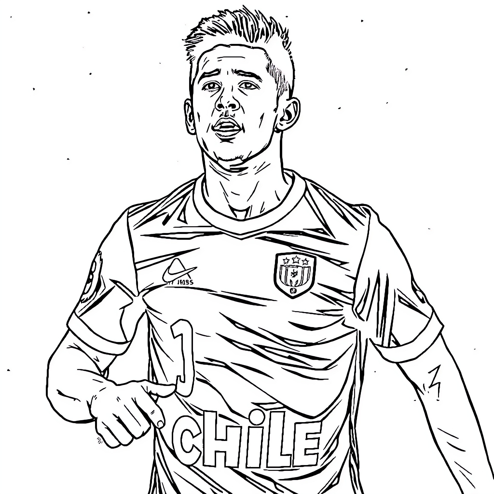 Player in Chile national team uniform Coloring Page (free black-and-white line drawing printable PDF for all, from beginners to advanced learners, including children, teens, adults, and seniors)