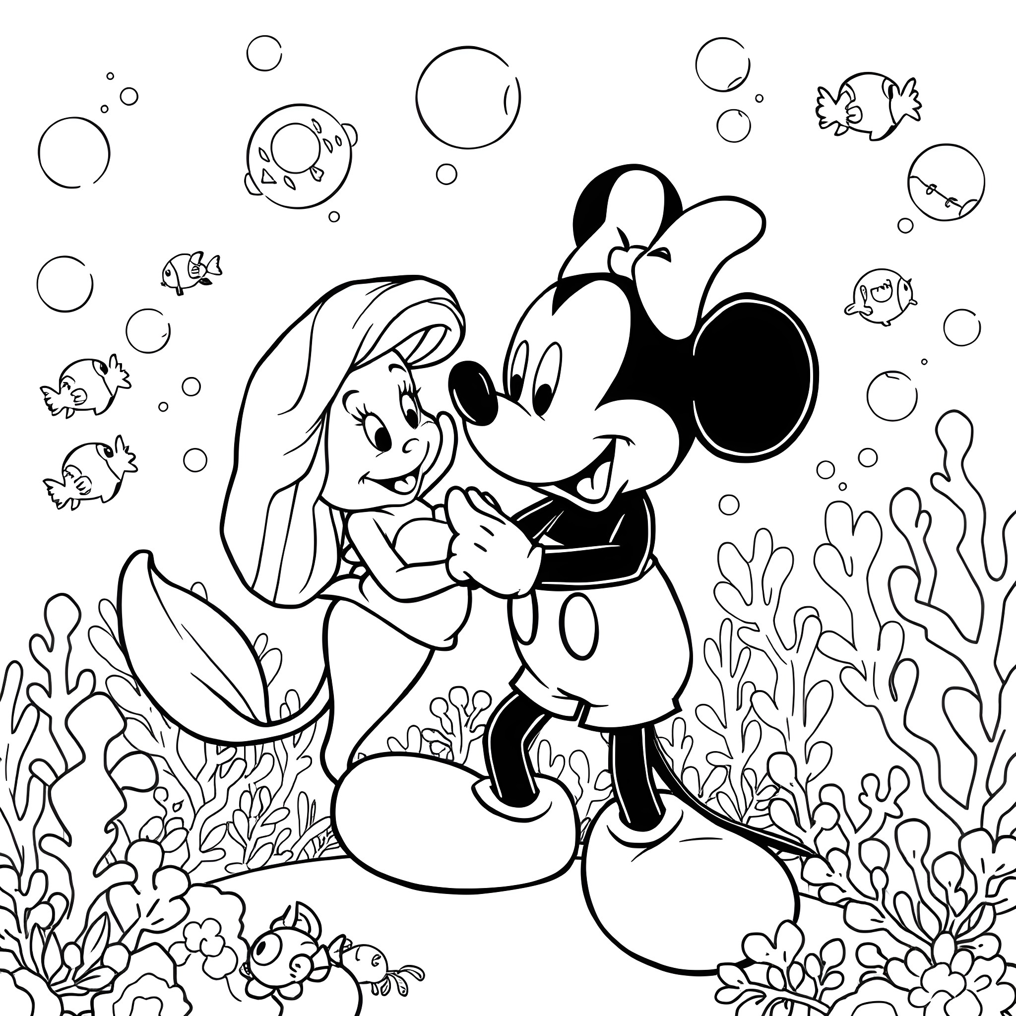 Mickey Mouse exploring the underwater world with Minnie Mouse Coloring Page (free black-and-white line drawing printable PDF for all, from beginners to advanced learners, including children, teens, adults, and seniors)