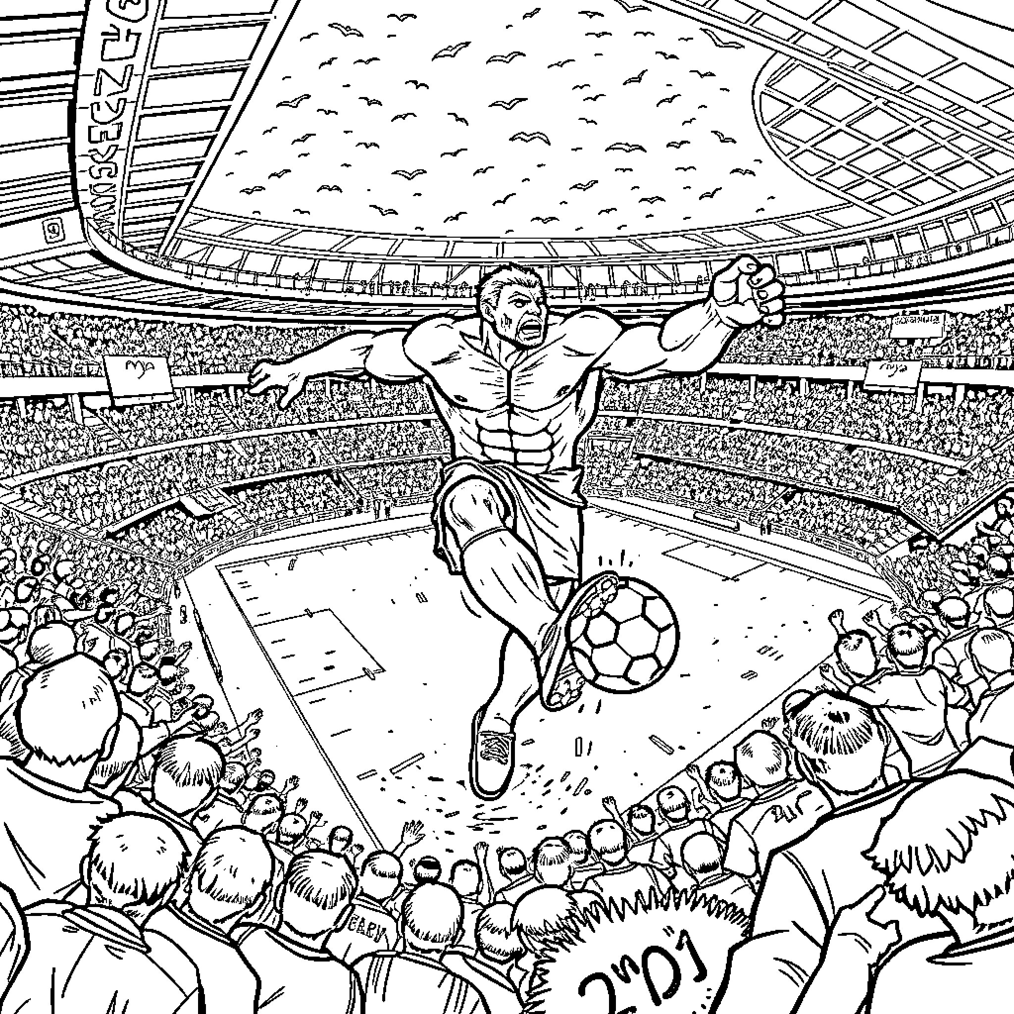 Hulk celebrates victory in a soccer stadium Coloring Page (free black-and-white line drawing printable PDF for all, from beginners to advanced learners, including children, teens, adults, and seniors)