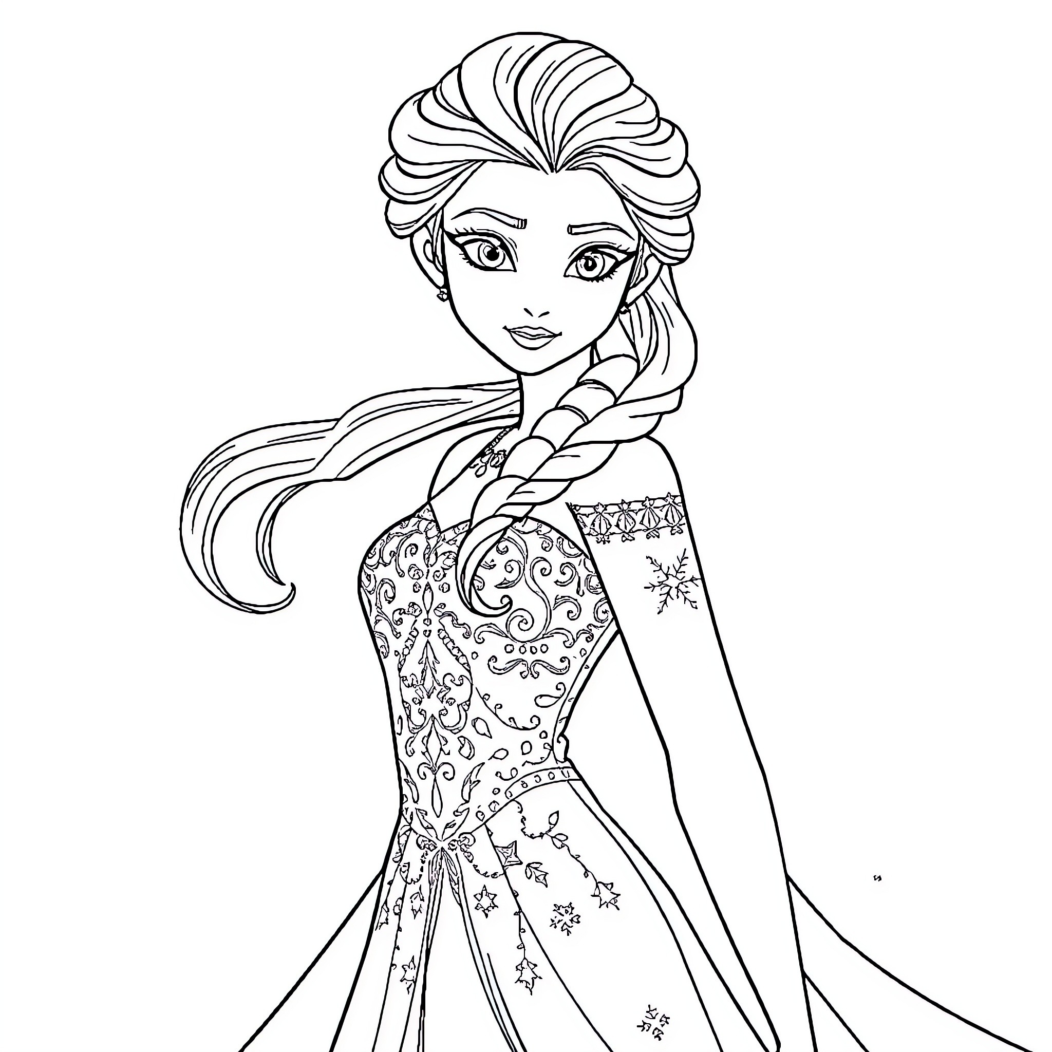 Elsa's Elegant Attire and Flowing Hair Coloring Page (free black-and-white line drawing printable PDF for all, from beginners to advanced learners, including children, teens, adults, and seniors)