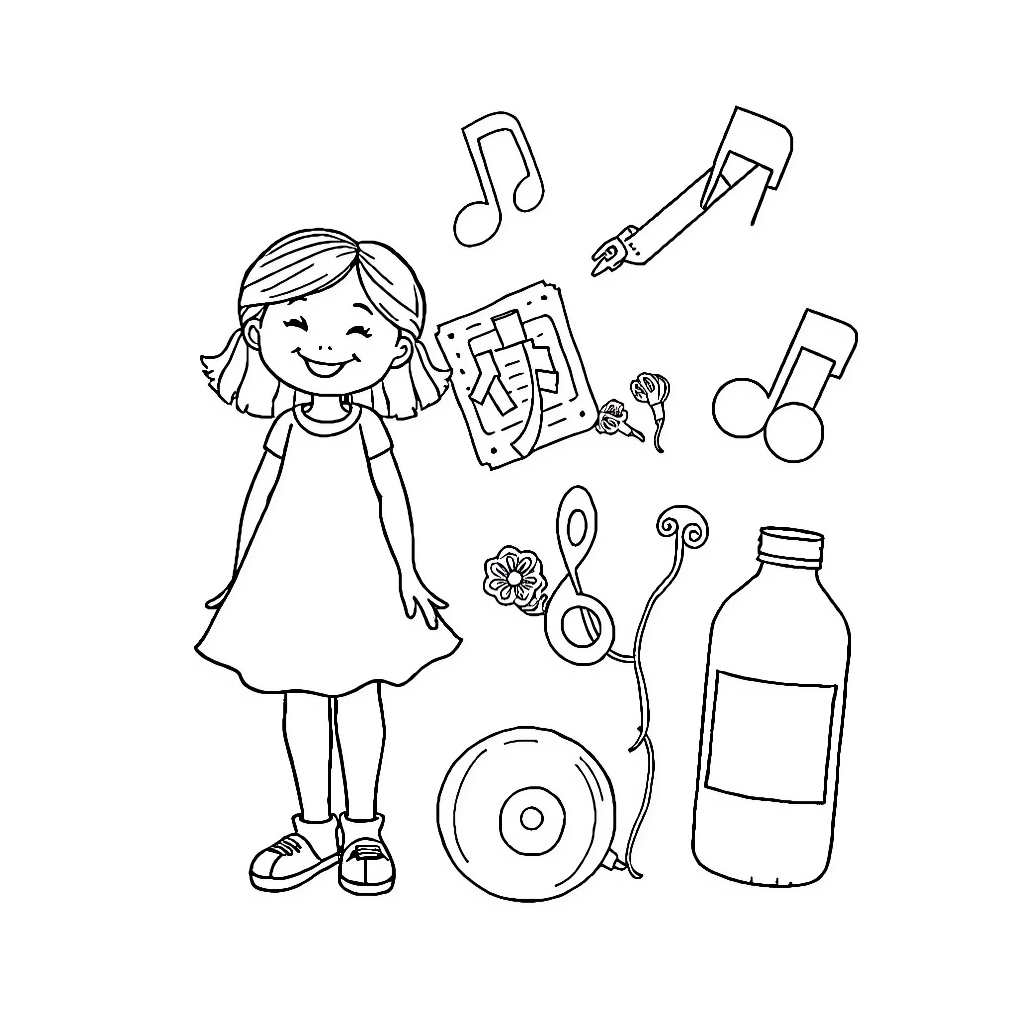 Girl with music-related objects and symbols Coloring Page (free black-and-white line drawing printable PDF for all, from beginners to advanced learners, including children, teens, adults, and seniors)