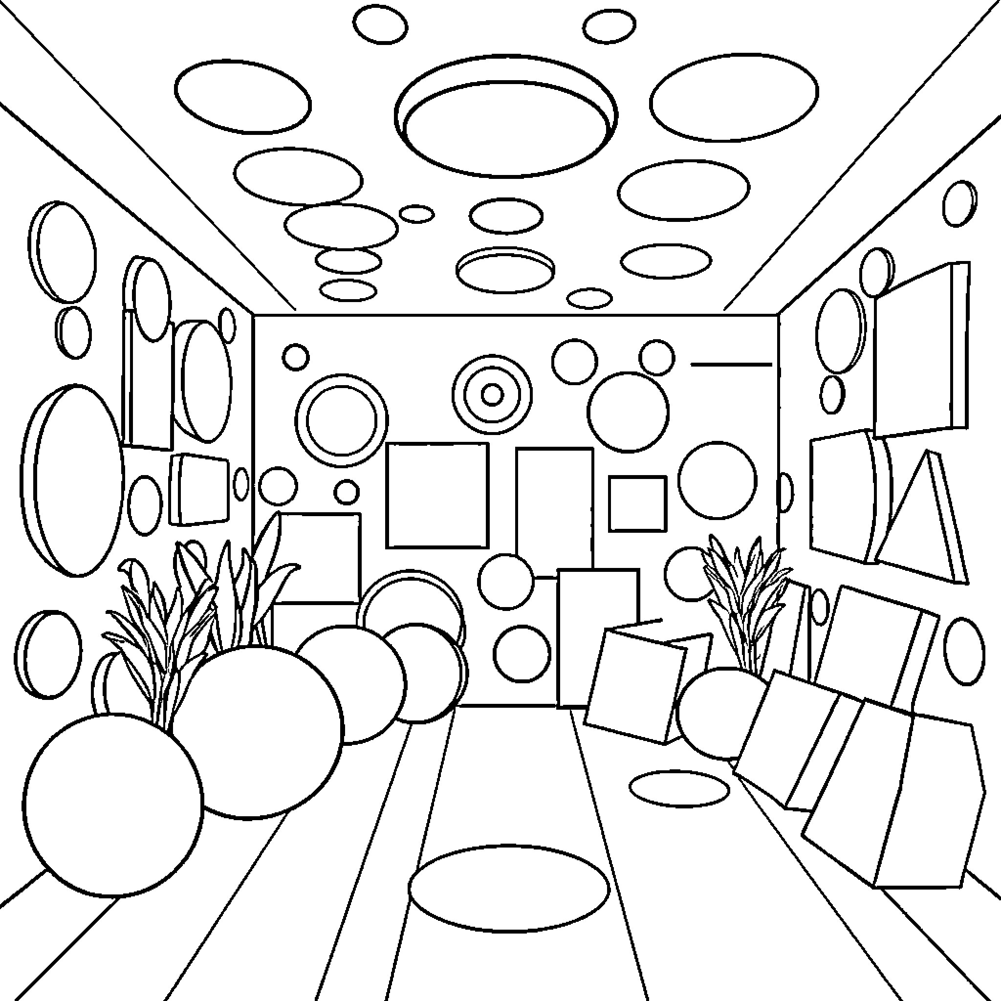 Shape Abstracts in a Geometric Room Coloring Page (free black-and-white line drawing printable PDF for all, from beginners to advanced learners, including children, teens, adults, and seniors)