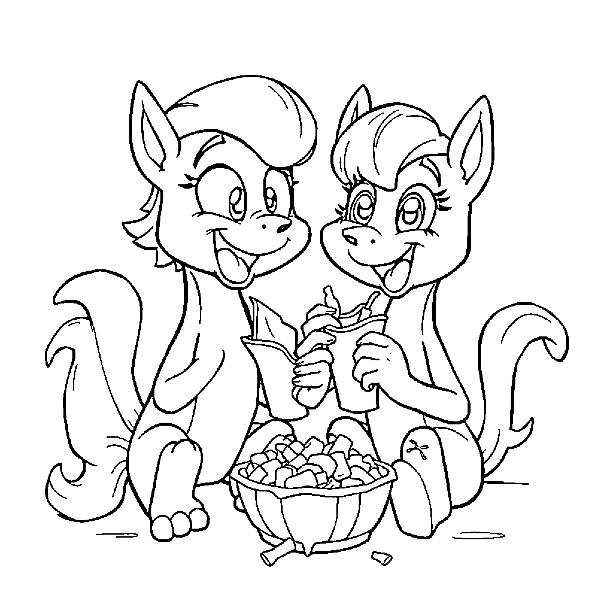 Bluey siblings playing with treats Coloring Page (free black-and-white line drawing printable PDF for all, from beginners to advanced learners, including children, teens, adults, and seniors)