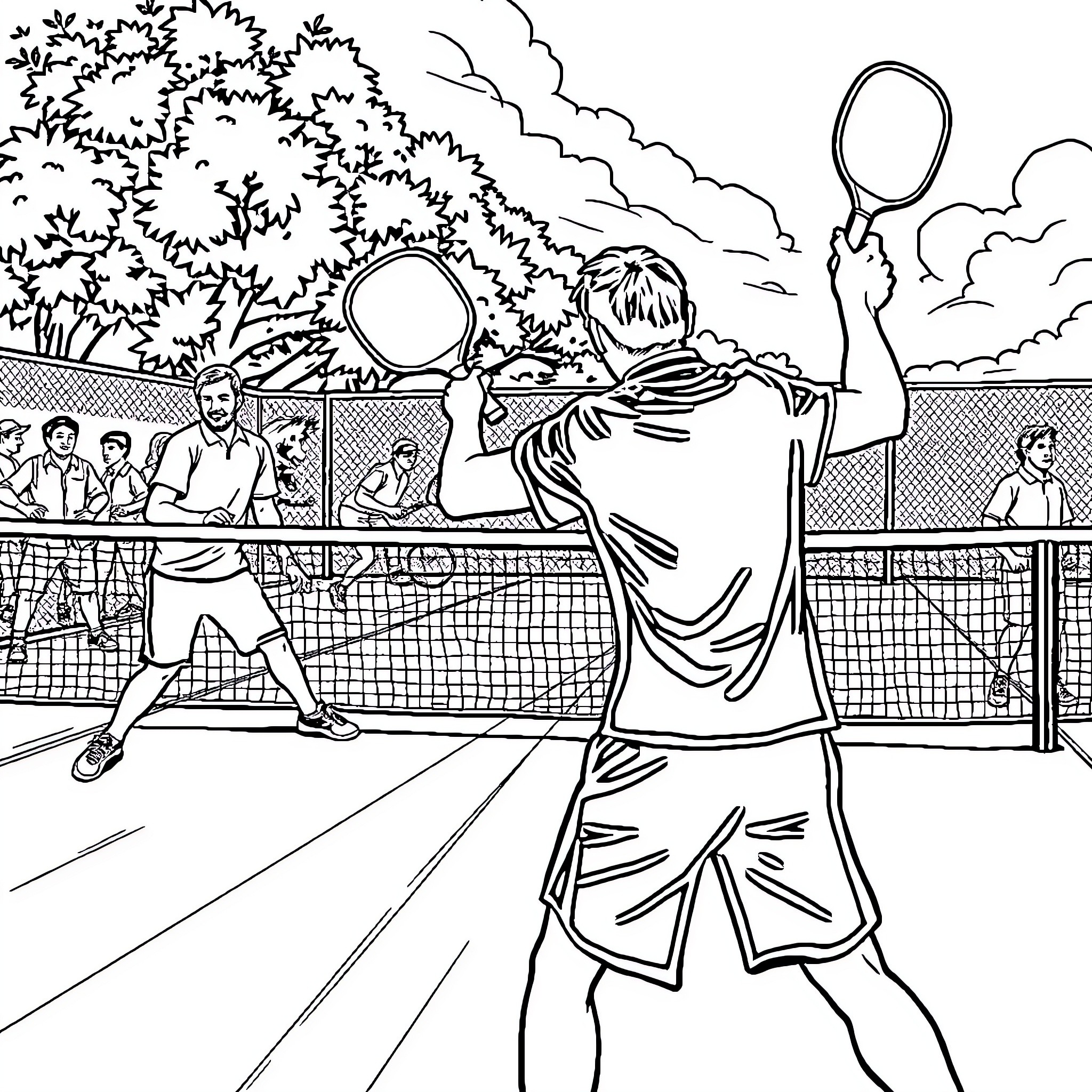 Pickleball players competing on the court Coloring Page (free black-and-white line drawing printable PDF for all, from beginners to advanced learners, including children, teens, adults, and seniors)