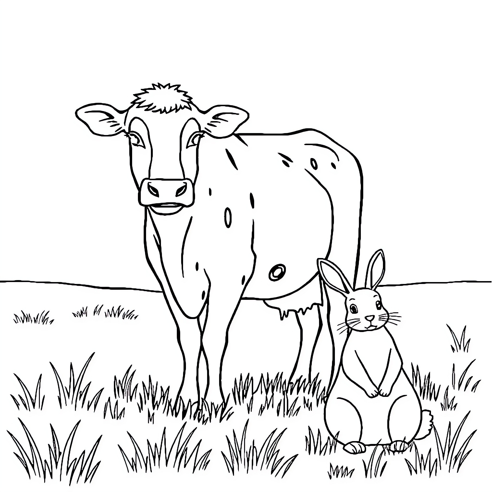 Cow and Rabbit in Grassy Field Coloring Page (free black-and-white line drawing printable PDF for all, from beginners to advanced learners, including children, teens, adults, and seniors)