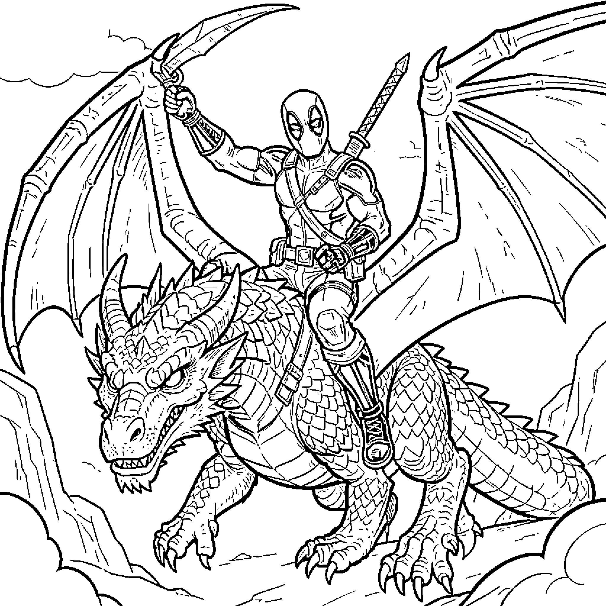 Deadpool battling a fierce dragon Coloring Page (free black-and-white line drawing printable PDF for all, from beginners to advanced learners, including children, teens, adults, and seniors)
