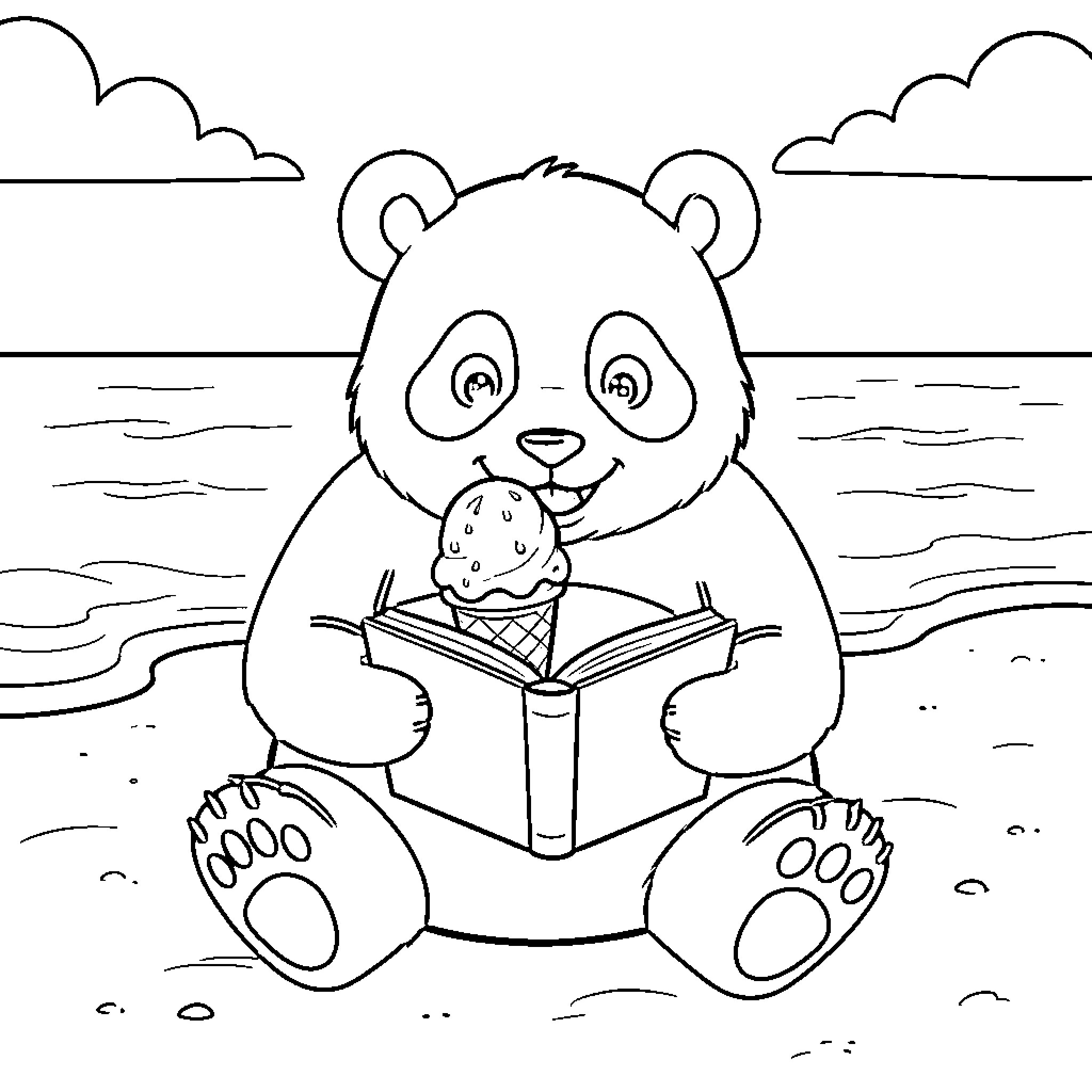 Panda eating ice cream while reading a book Coloring Page (free black-and-white line drawing printable PDF for all, from beginners to advanced learners, including children, teens, adults, and seniors)