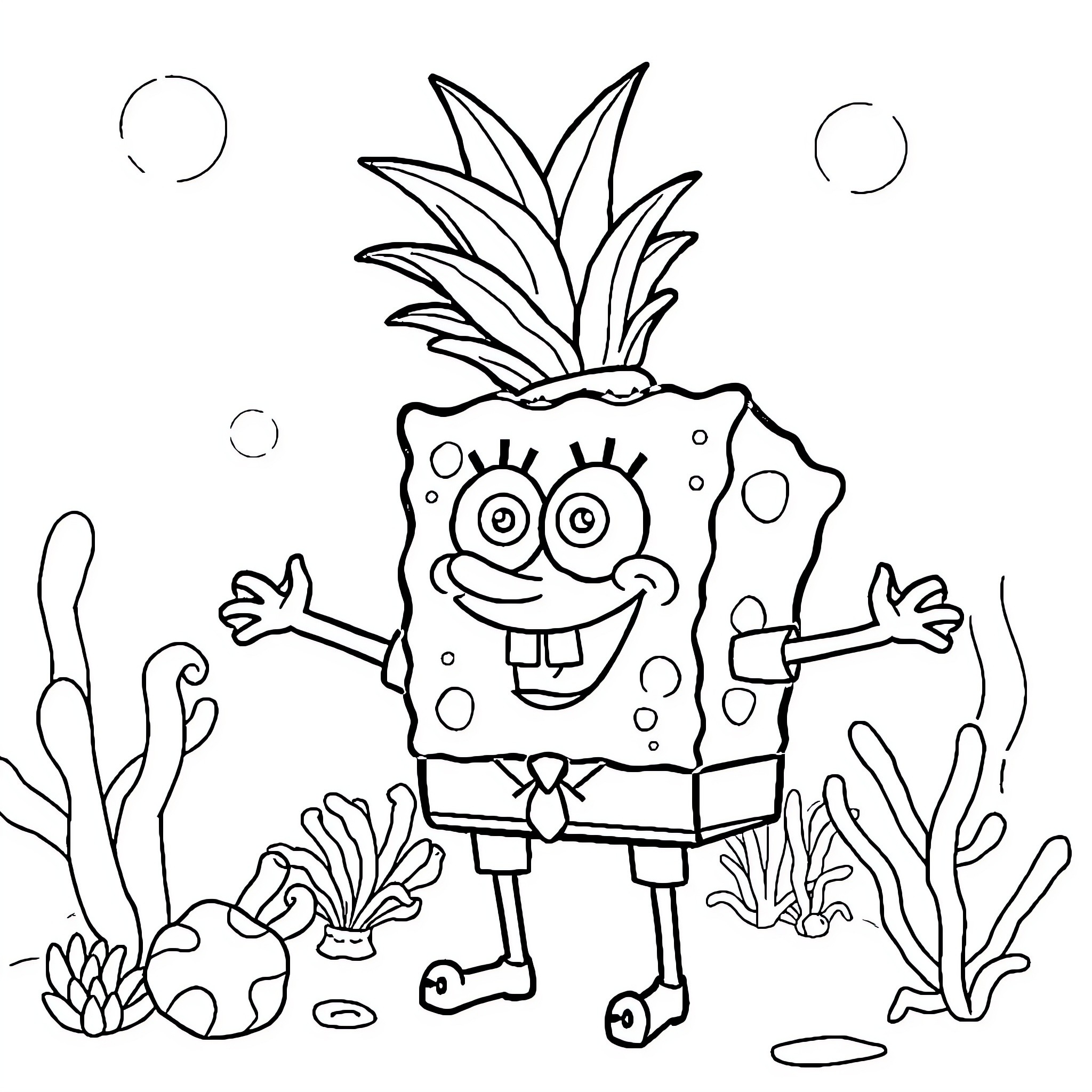 Spongebob happily exploring the underwater world Coloring Page (free black-and-white line drawing printable PDF for all, from beginners to advanced learners, including children, teens, adults, and seniors)
