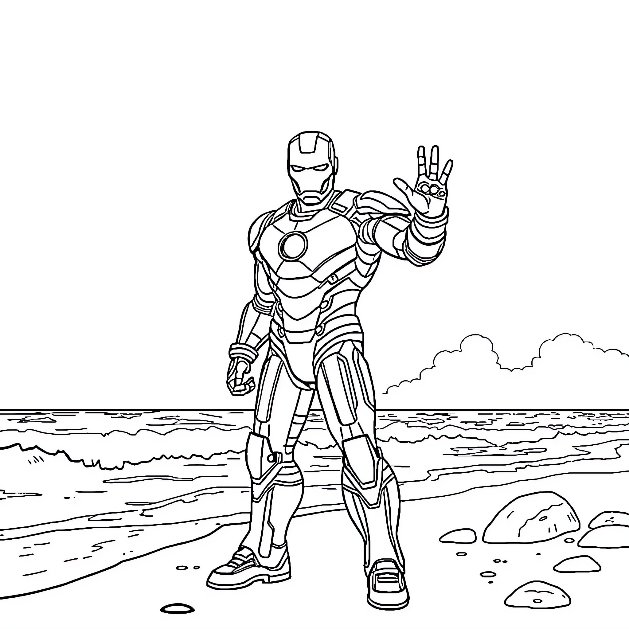 Ironman Superhero Posing on the Beach Coloring Page (free black-and-white line drawing printable PDF for all, from beginners to advanced learners, including children, teens, adults, and seniors)