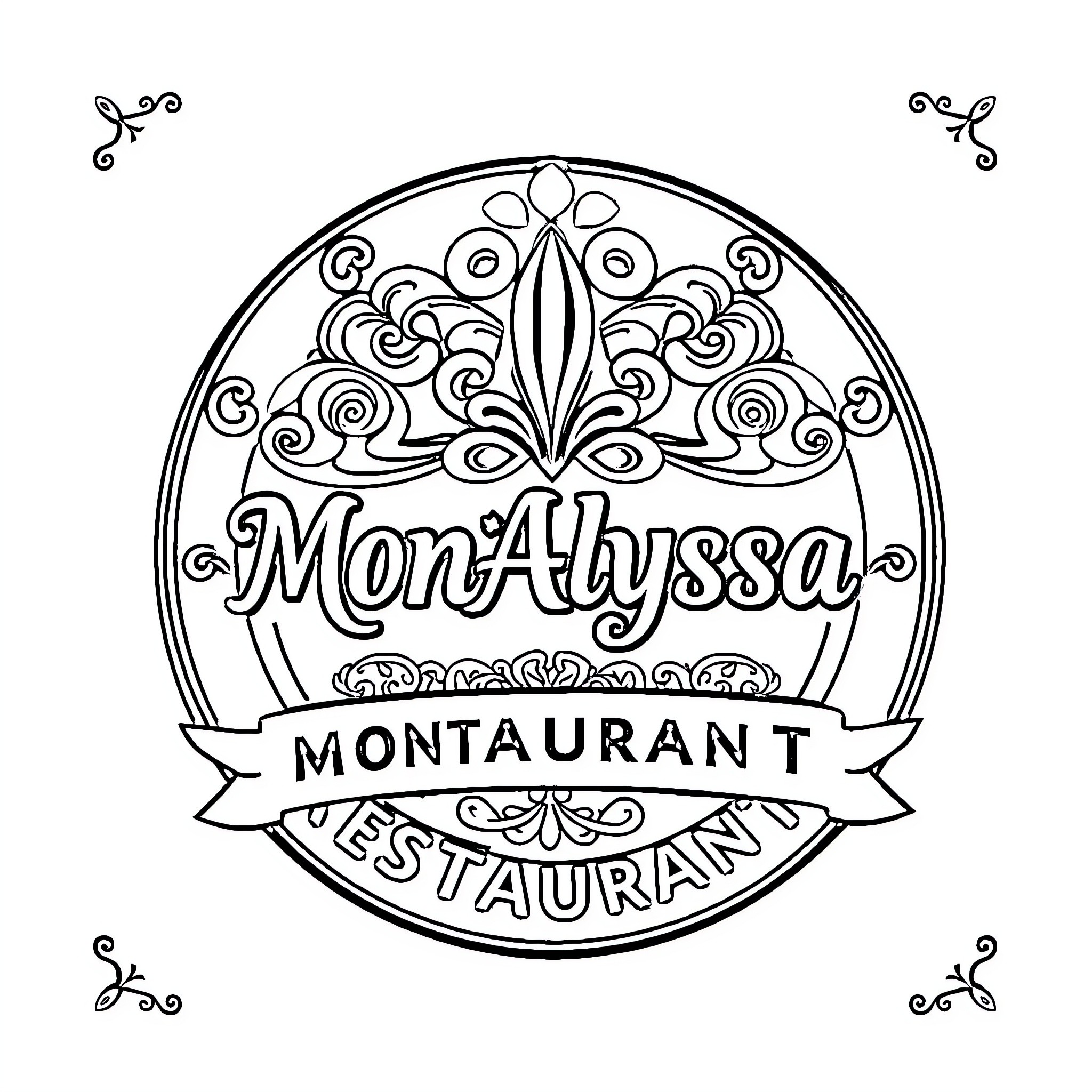 MonAlyssa Montaurant Restaurant Ornate Logo Coloring Page (free black-and-white line drawing printable PDF for all, from beginners to advanced learners, including children, teens, adults, and seniors)