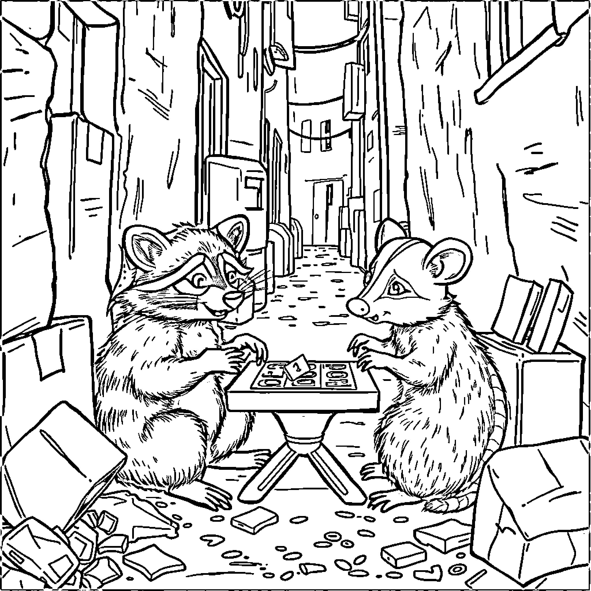 Raccoons playing checkers in an alley Coloring Page (free black-and-white line drawing printable PDF for all, from beginners to advanced learners, including children, teens, adults, and seniors)