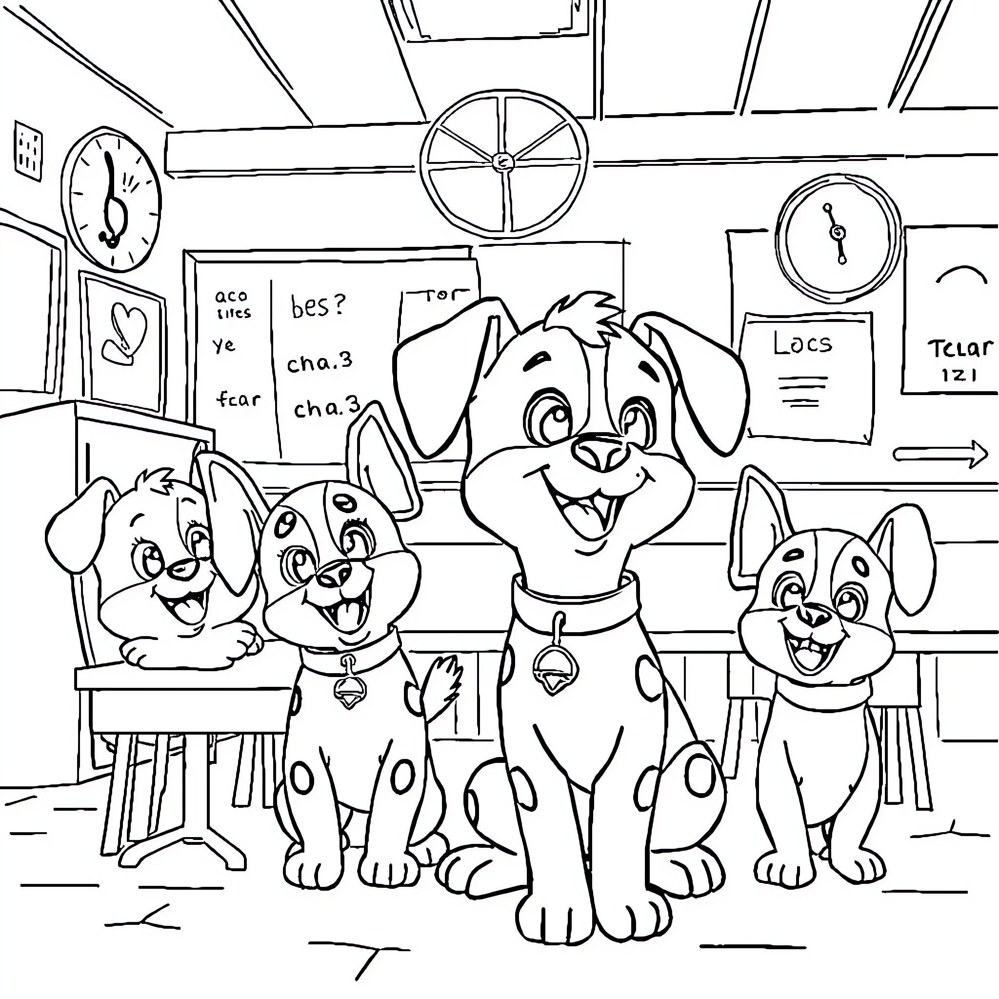 Paw Patrol puppies in classroom setting Coloring Page (free black-and-white line drawing printable PDF for all, from beginners to advanced learners, including children, teens, adults, and seniors)