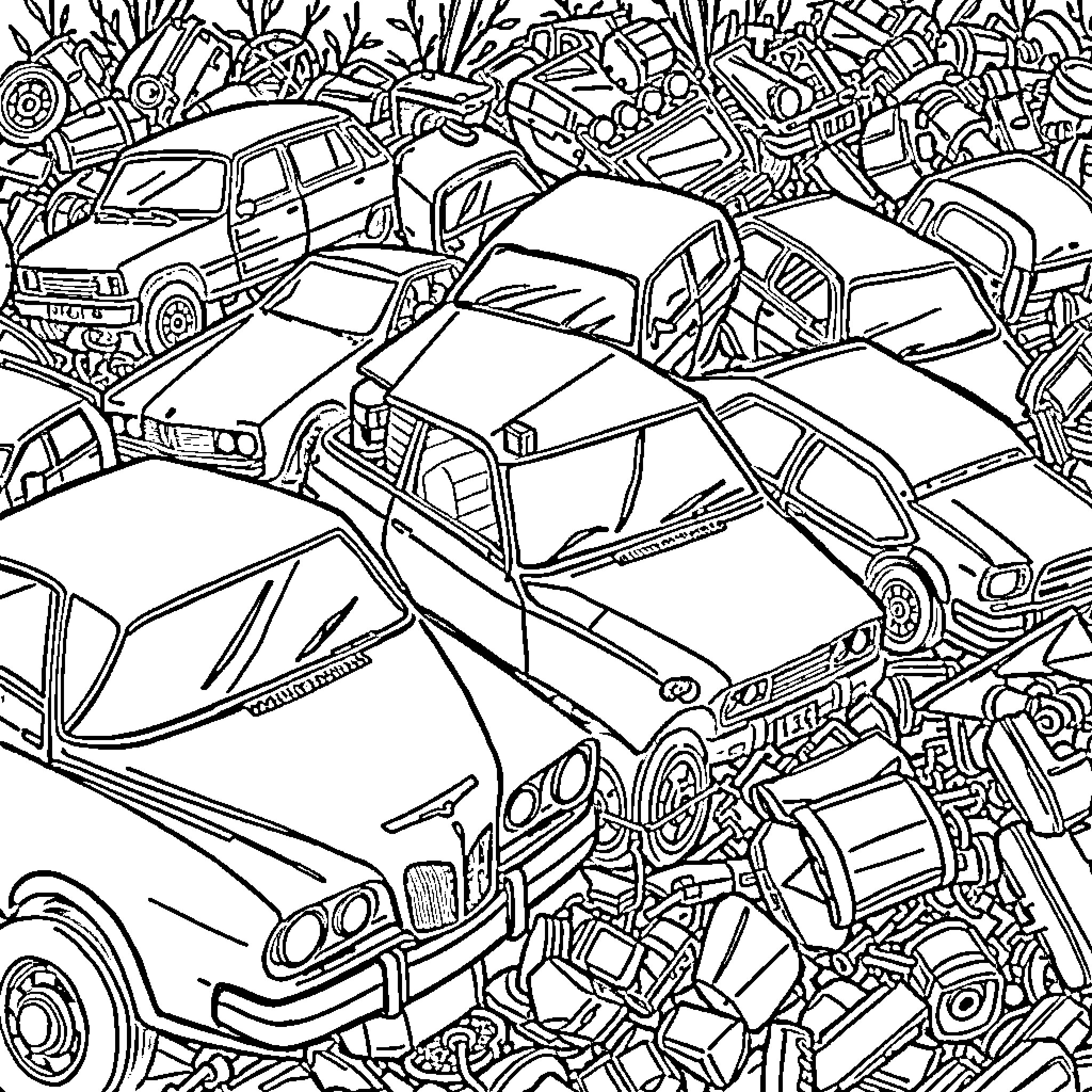 Car Chaos in the Junkyard Coloring Page (free black-and-white line drawing printable PDF for all, from beginners to advanced learners, including children, teens, adults, and seniors)